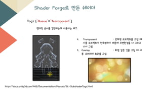 Shader Forge로 만든 쉐이더
Tags {"Queue"="Transparent"}
렌더링 순서를 결정하는데 사용하는 태그
4. Transparent : 반투명 오브젝트를 그릴 때
사용 오브젝트가 반투명하기 때문에 주변환경을 다 그리고
나서 그림
5. Overlay : 화염 같은 것을 그릴 때 사
용. 오버레이 효과를 그림
http://docs.unity3d.com/462/Documentation/Manual/SL-SubshaderTags.html
 