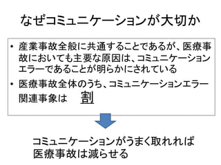 なぜコミュニケーションが大切か
• 産業事故全般に共通することであるが、医療事
故においても主要な原因は、コミュニケーション
エラーであることが明らかにされている
• 医療事故全体のうち、コミュニケーションエラー
関連事象は 割
コミュニケーションがうまく取れれば
医療事故は減らせる
 