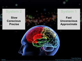 Yuan-Chi Tseng
Cognition & Experience Design (CXD) LabNCKU
System 1
Fast
Unconscious
Approximate
System 2
Slow
Conscious
Precise
 