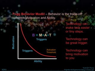 Yuan-Chi Tseng
Cognition & Experience Design (CXD) LabNCKU
Motivation
Ability Easy to DoHard to Do
High
Motivation
Low
Motivation
Triggers
fall here
Triggers
succeed here
Activation
Threshold
B = M+A+T
Fogg Behavior Model – Behavior is the trade-off
between Motivation and Ability.
Technology can
make task easier
or tiny steps.
Technology can
be great trigger.
Technology can
bring motivation
to you
(BJ Fogg, 2009)
 