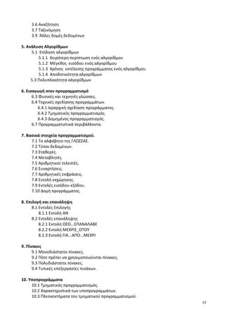 17
3.6 Αναζήτηση
3.7 Ταξινόμηση
3.9 Άλλες δομές δεδομένων
5. Ανάλυση Αλγορίθμων
5.1 Επίδοση αλγορίθμων
5.1.1 Χειρότερη περίπτωση ενός αλγορίθμου
5.1.2 Μέγεθος εισόδου ενός αλγορίθμου
5.1.3 Χρόνος εκτέλεσης προγράμματος ενός αλγορίθμου
5.1.4 Αποδοτικότητα αλγορίθμων
5.3 Πολυπλοκότητα αλγορίθμων
6. Εισαγωγή στον προγραμματισμό
6.3 Φυσικές και τεχνητές γλώσσες.
6.4 Τεχνικές σχεδίασης προγραμμάτων.
6.4.1 Ιεραρχική σχεδίαση προγράμματος.
6.4.2 Τμηματικός προγραμματισμός.
6.4.3 Δομημένος προγραμματισμός.
6.7 Προγραμματιστικά περιβάλλοντα.
7. Βασικά στοιχεία προγραμματισμού.
7.1 Το αλφάβητο της ΓΛΩΣΣΑΣ.
7.2 Τύποι δεδομένων.
7.3 Σταθερές.
7.4 Μεταβλητές.
7.5 Αριθμητικοί τελεστές.
7.6 Συναρτήσεις.
7.7 Αριθμητικές εκφράσεις.
7.8 Εντολή εκχώρησης.
7.9 Εντολές εισόδου-εξόδου.
7.10 Δομή προγράμματος.
8. Επιλογή και επανάληψη
8.1 Εντολές Επιλογής
8.1.1 Εντολή ΑΝ
8.2 Εντολές επανάληψης
8.2.1 Εντολή ΟΣΟ...ΕΠΑΝΑΛΑΒΕ
8.2.2 Εντολή ΜΕΧΡΙΣ_ΟΤΟΥ
8.2.3 Εντολή ΓΙΑ...ΑΠΟ...ΜΕΧΡΙ
9. Πίνακες
9.1 Μονοδιάστατοι πίνακες.
9.2 Πότε πρέπει να χρησιμοποιούνται πίνακες.
9.3 Πολυδιάστατοι πίνακες.
9.4 Τυπικές επεξεργασίες πινάκων.
10. Υποπρογράμματα
10.1 Τμηματικός προγραμματισμός.
10.2 Χαρακτηριστικά των υποπρογραμμάτων.
10.3 Πλεονεκτήματα του τμηματικού προγραμματισμού.
 