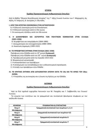 9
ΙΣΤΟΡΙΑ
Ομάδας Προσανατολισμού Ανθρωπιστικών Σπουδών
Από το βιβλίο “Θέματα Νεοελληνικής Ιστορίας” της Γ΄ τάξης Γενικού Λυκείου των Γ. Μαργαρίτη, Αγ.
Αζέλη, Ν. Ανδριώτη, Θ. Δετοράκη, Κ. Φωτιάδη.
Ι. ΑΠΟ ΤΗΝ ΑΓΡΟΤΙΚΗ ΟΙΚΟΝΟΜΙΑ ΣΤΗΝ ΑΣΤΙΚΟΠΟΙΗΣΗ
A. Η Ελληνική οικονομία μετά την Επανάσταση
Β. Η Ελληνική οικονομία κατά το 19ο αιώνα
Γ. Οι οικονομικές εξελίξεις κατά τον 20ο αιώνα
ΙΙ. Η ΔΙΑΜΟΡΦΩΣΗ ΚΑΙ ΛΕΙΤΟΥΡΓΙΑ ΤΩΝ ΠΟΛΙΤΙΚΩΝ ΚΟΜΜΑΤΩΝ ΣΤΗΝ ΕΛΛΑΔΑ
(1821-1936)
Β. Χειραφέτηση και αναμόρφωση (1844-1880)
Γ. Δικομματισμός και εκσυγχρονισμός (1880-1909)
Δ. Ανανέωση-Διχασμός (1909-1922)
ΙΙΙ. ΤΟ ΠΡΟΣΦΥΓΙΚΟ ΖΗΤΗΜΑ ΣΤΗΝ ΕΛΛΑΔΑ (1821-1930)
Πρόσφυγες στην Ελλάδα κατά το 19ο
αιώνα (Εισαγωγή)
Πρόσφυγες στην Ελλάδα κατά τον 20ο
αιώνα (Εισαγωγή)
Α. Προσφυγικά ρεύματα κατά την περίοδο 1914-1922
Β. Μικρασιατική καταστροφή
Γ. Η αποκατάσταση των προσφύγων
Δ. Η αποζημίωση των ανταλλαξίμων και η ελληνοτουρκική προσέγγιση
Ε. Η ένταξη των προσφύγων στην Ελλάδα
ΙV. ΤΟ ΚΡΗΤΙΚΟ ΖΗΤΗΜΑ ΑΠΟ ΔΙΠΛΩΜΑΤΙΚΗ ΑΠΟΨΗ ΚΑΤΑ ΤΟ 19ο ΚΑΙ ΤΙΣ ΑΡΧΕΣ ΤΟΥ 20ου
ΑΙΩΝΑ.
Ε. Η περίοδος της αυτονομίας και η ένωση της Κρήτης με την Ελλάδα
ΛΑΤΙΝΙΚΑ
Ομάδας Προσανατολισμού Ανθρωπιστικών Σπουδών
Από τα δύο σχολικά εγχειρίδια Λατινικών των Μ. Πασχάλη και Γ. Σαββαντίδη του Γενικού
Λυκείου
Τα κείμενα των ενοτήτων και τα γραμματικά και συντακτικά φαινόμενα σύμφωνα με τον
ακόλουθο πίνακα:
ΚΕΙΜΕΝΑ ΓΡΑΜΜΑΤΙΚΗ & ΣΥΝΤΑΚΤΙΚΟ
Κειμ.3
Μετάφραση
Γραμματική-συντακτικό των κειμένων 1, 2, 3
Κειμ.5
Μετάφραση
Γραμματική-συντακτικό των κειμένων 4,5
Κειμ.6
Μετάφραση
Γραμματική-συντακτικό κειμένου 6
Κειμ.7
Μετάφραση
Γραμματική-συντακτικό κειμένου 7
 