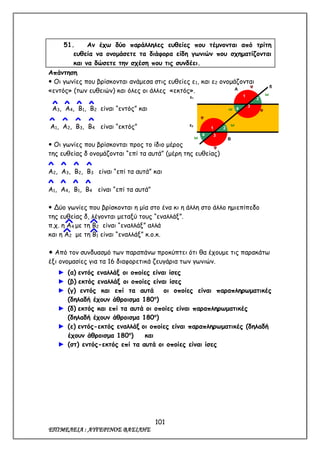 101
ΕΠΙΜΕΛΕΙΑ : ΑΥΓΕΡΙΝΟΣ ΒΑΣΙΛΗΣ
51. Αν έχω δύο παράλληλες ευθείες που τέμνονται από τρίτη
ευθεία να ονομάσετε τα διάφορα είδη γωνιών που σχηματίζονται
και να δώσετε την σχέση που τις συνδέει.
Απάντηση
 Οι γωνίες που βρίσκονται ανάμεσα στις ευθείες ε1, και ε2 ονομάζονται
«εντός» (των ευθειών) και όλες οι άλλες «εκτός».
Α3, Α4, Β1, Β2 είναι “εντός” και
Α1, Α2, Β3, Β4 είναι “εκτός”
 Οι γωνίες που βρίσκονται προς το ίδιο μέρος
της ευθείας δ ονομάζονται “επί τα αυτά” (μέρη της ευθείας)
Α2, Α3, Β2, Β3 είναι “επί τα αυτά” και
Α1, Α4, Β1, Β4 είναι “επί τα αυτά”
 Δύο γωνίες που βρίσκονται η μία στο ένα κι η άλλη στο άλλο ημιεπίπεδο
της ευθείας δ, λέγονται μεταξύ τους “εναλλάξ”.
π.χ. η Α4 με τη Β2 είναι “εναλλάξ” αλλά
και η Α2 με τη Β1 είναι “εναλλάξ” κ.ο.κ.
 Από τον συνδυασμό των παραπάνω προκύπτει ότι θα έχουμε τις παρακάτω
έξι ονομασίες για τα 16 διαφορετικά ζευγάρια των γωνιών.
► (α) εντός εναλλάξ οι οποίες είναι ίσες
► (β) εκτός εναλλάξ οι οποίες είναι ίσες
► (γ) εντός και επί τα αυτά οι οποίες είναι παραπληρωματικές
(δηλαδή έχουν άθροισμα 180ο
)
► (δ) εκτός και επί τα αυτά οι οποίες είναι παραπληρωματικές
(δηλαδή έχουν άθροισμα 180ο
)
► (ε) εντός-εκτός εναλλάξ οι οποίες είναι παραπληρωματικές (δηλαδή
έχουν άθροισμα 180ο
) και
► (στ) εντός-εκτός επί τα αυτά οι οποίες είναι ίσες
Α
1
2
3
4
φ
φ
ω
ω
δ
Β
φ
ω
ω
ε1
ε2
φ
2
3
1
4
 