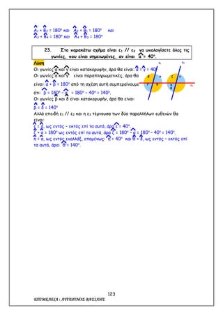 123
ΕΠΙΜΕΛΕΙΑ : ΑΥΓΕΡΙΝΟΣ ΒΑΣΙΛΗΣ
Α1 + Β2 = 180ο
και Α2 + Β1 = 180ο
και
Α3 + Β4 = 180ο
και Α4 + Β3 = 180ο
23. Στο παρακάτω σχήμα είναι ε1 // ε2 να υπολογίσετε όλες τις
γωνίες, που είναι σημειωμένες, αν είναι α = 40ο
.
Λύση
Οι γωνίες α και γ είναι κατακορυφήν, άρα θα είναι: α = γ = 40ο
Οι γωνίες α και γ είναι παραπληρωματικές, άρα θα
είναι: α + β = 180ο
από τη σχέση αυτή συμπεραίνουμε
ότι: β = 180ο
– α = 180ο
– 40ο
= 140ο
.
Οι γωνίες β και δ είναι κατακορυφήν, άρα θα είναι:
β = δ = 140ο
Αλλά επειδή ε1 // ε2 και η ε3 τέμνουσα των δύο παραλλήλων ευθειών θα
είναι:
ε = α, ως εντός – εκτός επί τα αυτά, άρα ε = 40ο
.
ζ + α = 180ο
ως εντός επί τα αυτά, άρα ζ = 180ο
– α = 180ο
– 40ο
= 140ο
.
η = α, ως εντός εναλλάξ, επομένως: η = 40ο
και θ = δ, ως εντός – εκτός επί
τα αυτά, άρα: θ = 140ο
.
ε1 ε2
β α
Γ δ
ζ ε
η
θ
ε3
 