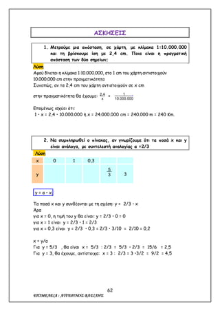 62
ΕΠΙΜΕΛΕΙΑ : ΑΥΓΕΡΙΝΟΣ ΒΑΣΙΛΗΣ
ΑΣΚΗΣΕΙΣ
1. Μετρούμε μια απόσταση, σε χάρτη, με κλίμακα 1:10.000.000
και τη βρίσκουμε ίση με 2,4 cm. Ποια είναι η πραγματική
απόσταση των δύο σημείων;
Λύση
Αφού δίνεται η κλίμακα 1:10.000.000, στο 1 cm του χάρτη αντιστοιχούν
10.000.000 cm στην πραγματικότητα
Συνεπώς, αν τα 2,4 cm του χάρτη αντιστοιχούν σε x cm
στην πραγματικότητα θα έχουμε: =
Επομένως ισχύει ότι:
1  x = 2,4  10.000.000 ή x = 24.000.000 cm = 240.000 m = 240 Km.
2. Να συμπληρωθεί ο πίνακας, αν γνωρίζουμε ότι τα ποσά x και y
είναι ανάλογα, με συντελεστή αναλογίας α =2/3
Λύση
x 0 1 0,3
y 3
y = α  x.
Τα ποσά x και y συνδέονται με τη σχέση: y = 2/3  x
Άρα
για x = 0, η τιμή του y θα είναι: y = 2/3  0 = 0
για x = 1 είναι y = 2/3  1 = 2/3
για x = 0,3 είναι y = 2/3  0,3 = 2/3  3/10 = 2/10 = 0,2
x = y/α
Για y = 5/3 , θα είναι x = 5/3 : 2/3 = 5/3  2/3 = 15/6 = 2,5
Για y = 3, θα έχουμε, αντίστοιχα: x = 3 : 2/3 = 3 3/2 = 9/2 = 4,5
2,4
x
1 .
10.000.000
5.
3
 