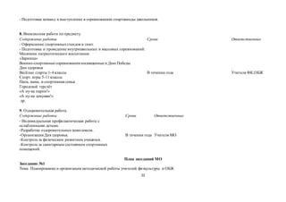22
- Подготовка команд и выступление в соревнованиях спартакиады школьников.
8. Внеклассная работа по предмету.
Содержание работы Сроки Ответственные
- Оформление спортивныхстендов и газет.
- Подготовка и проведение внутришкольных и массовых соревнований:
 Месячник патриотического воспитания:
 «Зарница»
 Военно-спортивные соревнования посвященные к Дню Победы
 Дни здоровья
 Весёлые старты 1-4 классы
 Спорт. игры 5-11 классы
 Папа, мама, я-спортивная семья
 Городской турслёт
 «А ну-ка парни!»
 «А ну-ка девушки!»
 др.
В течении года Учителя ФК,ОБЖ
9. Оздоровительная работа.
Содержание работы Сроки Ответственные
- Индивидуальная профилактическая работа с
ослабленными детьми.
-Разработка оздоровительных комплексов.
-Организация Дня здоровья.
-Контроль за физическим развитием учащихся.
-Контроль за санитарным состоянием спортивных
помещений.
В течении года Учителя МО
План заседаний МО
Заседание №1
Тема: Планирование и организация методической работы учителей физкультуры и ОБЖ
 