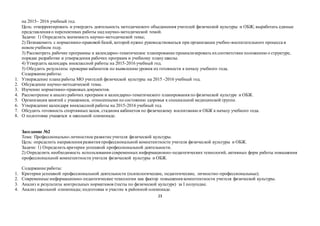 23
на 2015– 2016 учебный год.
Цель: откорректировать и утвердить деятельность методического объединения учителей физической культуры и ОБЖ; выработать единые
представления о перспективах работы над научно-методической темой.
Задачи: 1) Определить значимость научно-методической темы;
2) Познакомить с нормативно-правовой базой, которой нужно руководствоваться при организации учебно-воспитательного процесса в
новом учебном году.
3) Рассмотреть рабочие программы и календарно-тематическое планирование проанализировать ихсоответствие положению о структуре,
порядке разработки и утверждения рабочих программ и учебному плану школы.
4) Утвердить календарь внеклассной работы на 2015-2016 учебный год.
5) Обсудить результаты проверки кабинетов по выявлению уровня их готовности к началу учебного года.
Содержание работы:
1. Утверждение плана работы МО учителей физической культуры на 2015 -2016 учебный год.
2. Обсуждение научно-методической темы.
3. Изучение нормативно-правовыхдокументов.
4. Рассмотрение и анализ рабочих программ и календарно-тематического планирования по физической культуре и ОБЖ.
5. Организация занятий с учащимися, отнесенными по состоянию здоровья к специальной медицинской группе.
6. Утверждение календаря внеклассной работы на 2015-2016 учебный год.
7. Обсудить готовность спортивныхзалов, стадиона кабинетов по физическому воспитанию и ОБЖ к началу учебного года.
8. О подготовке учащихся к школьной олимпиаде.
Заседание №2
Тема: Профессионально-личностное развитие учителя физической культуры.
Цель: определить направления развития профессиональной компетентности учителя физической культуры и ОБЖ.
Задачи: 1) Определить критерии успешной профессиональной деятельности.
2) Определить необходимость использования современных информационно-педагогических технологий, активных форм работы повышения
профессиональной компетентности учителя физической культуры и ОБЖ.
Содержание работы:
1. Критерии успешной профессиональной деятельности (психологические, педагогические, личностно-профессиональные).
2. Современные информационно-педагогические технологии как фактор повышения компетентности учителя физической культуры.
3. Анализ и результаты контрольных нормативов (тесты по физической культуре) за I полугодие.
4. Анализ школьной олимпиады; подготовка и участие в районной олимпиаде.
 