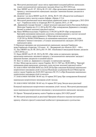 24. Методичні рекомендації щодо змісту варіативної складової робочих навчальних
планів загальноосвітніх навчальних закладів області на 2015-2016 н.р.
25. Лист МОНУ від 01. 07. 2014 р № 1/9 -343. «Про організацію навчально- виховного
процесу у загальноосвітніх навчальних закладах і вивчення базових дисциплін в
основній школі»
26. Додаток 1 до листа МОНУ від 01.01. 2015р. №1/9 -343 «Педагогічні особливості
навчання учнів у шостих класах».Інформ. збірник. С.3-6.
27. Методичні рекомендації щодо викладання української мови та літератури у 2015-2016
н.р.. Українська мова та література.№15-16, серпень 2015, с.4 -88
28. Державний стандарт базової і .повної загальної середньої освіти.Постанова Кабінету
Міністрів України від 23.11.2011р.№1392 «Про затвердження Державного стандарту
базової та повної загальної середньої освіти»
29. Наказ МОНмолодьспорту України від 13.04.2011р.№329 «Про затвердження
Критеріїв оцінювання навчальних досягнень учнів(вихованців) у системі загальної
середньої освіти»,зареєстрованого у Міністерстві юстиції від
11.05.2011р./№566/19304.Вимоги до оцінювання навчальних досягнень учнів
набувають чинності поетапно: у 6 класах загальноосвітніх закладів-з 20152016
навчального року.
31.Навчальні програми для загальноосвітніх навчальних закладів:Українська
мова;Українська література. 5-9 класи. –К. : Видавничий дім «Освіта»,2013. -160 с.
32. Лист МОНУ від 26. 06. 2015 р № 1/9 -305. «Особливості викладання базових дисцилін
у 2015-2016н. р.»
33. Наказ МОНУ від 29. 05. 2015 р № 585. «Про зміни до навчальних програм,
організацію навчально- виховного процесу у загальноосвітніх навчальних закладах і
вивчення базових дисциплін в основній школі»
34. Зміст та зміни до Державного стандарту та навчальних програм.
35.Лист Міністерства освіти і науки України №1/11-7407 від 08.09.2009 р. “Критерії
оцінювання рівня навчальних досягнень учнів системи загальної середньої освіти ”
36. НАКАЗ МОН УКРАЇНИ №582 від 28.05.2015р.Про схвалення Концепції національно-
патріотичного виховання дітей та молоді Відповідно до рішення Колегії Міністерства
освіти і науки України від 26.03.2015 протокол № 3/5-2 ««Про Концепцію національно-
патріотичного виховання дітей та молоді»
37. НАКАЗ МОН УКРАЇНИ № 641 від 16 червня 2015 року Про затвердження Концепції
національно-патріотичного виховання дітей і молоді.
38. НАКАЗ МОН УКРАЇНИ № 641 від 16 червня 2015 року.Заходи щодо реалізації
Концепції національно-патріотичного виховання дітей і молоді. Методичні рекомендаціі
щодо національно-патріотичного виховання y загальноосвітніх навчальних закладах.
39. Проект "Концепції розвитку освіти України на період 2015-2025 років"
40. Методичні рекомендації до реалізації Програми обласного науково-методичного
проекту «Освітні стратегії соціалізації особистості громадянського суспільства»
 