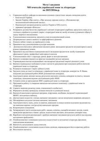 Мета і завдання
МО вчителів української мови та літератури
на 2015/2016н.р.
1. Спрямувати роботу кафедри на виконання основних стратегічних завдань оновлення освіти:
• Конституції України,
• Законів України «Про освіту», «Про загальну середню освіту», «Положення про
загальноосвітній навчальний заклад»;
• Національної доктрини розвитку освіти в Україні в XXI столітті;
• державної програми «Вчитель».
2. Розкривати духовне багатство української і світової літературної скарбниці, прилучати учнів до ес-
тетичного сприйняття художніх творів і літературної мови як засобу втілення художнього образу й
ідеалу творчості письменників.
3. Удосконалювати мовленнєву діяльність учнів на комунікативній основі.
4. Дотримуватися єдиного мовного та орфографічного режимів.
5. Плекати любов і повагу до українського слова.
6. Працювати над удосконаленням культури мовлення.
7. Допомагати вчителям в забезпеченні високого рівня викладання предметів негуманітарного циклу
рідною (державною) мовою.
8. Працювати над постійним підвищенням якості вкладання предметів як засобу підвищення
ефективності уроку, професійної майстерності вчителя.
9. Удосконалювати зміст і структуру уроків, форм та методів навчання.
10. Вивчати та використовувати на практиці інноваційні методи навчання.
11. Упроваджувати методи нетрадиційної, нестандартної організації творчої діяльності учнів.
12. Вивчати індивідуальні особливості учнів з метою їх урахування при плануванні роботи вчителів
української мови та літератури.
13. Розвивати пізнавальні і творчі здібності учнів.
14. Залучати учнів до участі в олімпіадах з української мови та літератури, конкурсі ім. П. Яцика,
пошуково-дослідницькій роботі МАН, різноманітних конкурсах.
15. Аналізувати уроки, виховні заходи, результати шкільних олімпіад, конкурсів та участь у міських
олімпіадах, написання науково-дослідницьких робіт МАН.
16. Готувати учнів до проходження ЗНО з української мови та літератури.
17. Продовжити роботу зі створення навчально-методичного комплексу з української мови та
літератури.
18. Сприяти творчому розвитку учнів, становлення їх особистості.
19. Формувати активну громадську позицію вчителів та учнівської молоді.
20. Вивчати й аналізувати навчальні програми, підручники, посібники, інструкції та рекомендації
МОНУ, методичного кабінету.
21. Діагностувати педагогів з питань навчання і виховання з метою визначення напрямків діяльності.
22. Обговорювати актуальні питання навчання і виховання.
23. Аналізувати якість знань, умінь та навичок, виявлення та пошук шляхів подолання труднощів під
час вивчення окремих тем (розділів) навчальних програм.
24. Координувати планування.
25. Затверджувати тексти контрольних робіт, завдань олімпіад, сценаріїв виховних заходів, планів
проведення предметного тижня і декади, педагогічних виставок, методичних семінарів тощо.
26. Виробляти методичні рекомендації з проблем навчання і виховання (результат роботи над науково-
методичною проблемою).
27. Ознайомлюватися з новинками психолого-педагогічної та методичної літератури, фаховими
періодичними виданнями.
28. Вивчати й узагальнювати досвід вчителів.
29. Ознайомлюватися з позитивним педагогічним досвідом, впроваджувати його в практику роботи.
30. Виготовляти наочність.
 