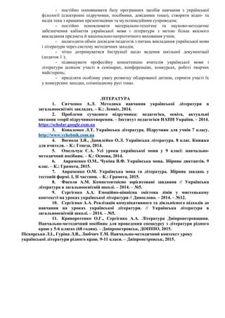 - постійно поповнювати базу програмних засобів навчання з української
філології (електронні підручники, посібники, довідники тощо), створити відео- та
медіа теки з кращими презентаціями та мультимедійним супроводом;
- постійно поновлювати матеріально-технічне та науково-методичне
забезпечення кабінетів української мови і літератури з метою більш якісного
викладання предмета й національно-патріотичного виховання учнів;
- налагодити обмін досвідом педагогів з питань викладання української мови
і літератури через систему методичних заходів;
- чітко дотримуватися Інструкції щодо ведення шкільної документації
(додаток 1 );
- підвищувати професійну компетенцію вчителів української мови і
літератури шляхом участі в семінарах, конференціях, конкурсах, роботі творчих
майстерень;
- приділяти особливу увагу розвитку обдарованої дитини, сприяти участі їх
у конкурсних заходах, олімпіадному русі тощо.
ЛІТЕРАТУРА
1. Ситченко А.Л. Методика навчання української літератури в
загальноосвітніх закладах. – К.: Ленвіт, 2014.
2. Проблеми сучасного підручника: педагогіка, освіта, актуальні
питання теорії підручникотворення. – Інститут педагогіки НАПН України. – 2014.
https://scholar.google.com.ua
3. Коваленко Л.Т. Українська література. Підручник для учнів 7 класу.
http://www.ychebnik.com.ua
4. Воєвода З.Я., Данилейко О.Л. Українська література. 8 клас. Книжка
для вчителя. – К.: Генеза, 2014.
5. Омельчук С.А. Усі уроки української мови у 9 класі: навчально-
методичний посібник. – К.: Основа, 2014.
6. Авраменко О.М., Чукіна В.Ф. Українська мова. Збірник диктантів. 9
клас. – К.: Грамота, 2015.
7. Авраменко О.М. Українська мова та література. Збірник завдань у
тестовій формі. І, ІІ частини. – К.: Грамота, 2015.
8. Фасоля А.М. Компетентнісно зорієнтовані завдання // Українська
література в загальноосвітній школі. – 2014. – №5.
9. Сергієнко А.А. Емоційно-ціннісна змістова лінія у мистецькому
контексті на уроках української літератури // Дивослово. – 2014. – №12.
10. Сергієнко А.А. Реалізація комунікативного та діяльнісного підходів до
навчання на уроках української літератури. // Українська література в
загальноосвітній школі. – 2014. – №5.
11. Криворотенко О.Г., Сергієнко А.А. Література Дніпропетровщини.
Навчально-методичний посібник для проведення спецкурсу з літератури рідного
краю у 5-6 класах (68 годин). – Дніпропетровськ, ДОІППО, 2015.
Піскорська Л.І., Гуріна Л.В., Любчич Т.М. Навчально-методичний контекст уроку
української літератури рідного краю. 9-11 класи. – Дніпропетровськ, 2015.
 