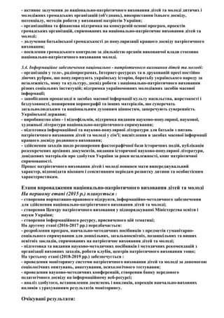 - активне залучення до національно-патріотичного виховання дітей та молоді дитячих і
молодіжних громадських організацій (об'єднань), використання їхнього досвіду,
потенціалу, методів роботи у вихованні патріотів України;
- організаційна та фінансова підтримка на конкурсній основі програм, проектів
громадських організацій, спрямованих на національно-патріотичне виховання дітей та
молоді;
- долучення батьківської громадськості до популяризації кращого досвіду патріотичного
виховання;
- посилення громадського контролю за діяльністю органів виконавчої влади стосовно
національно-патріотичного виховання молоді.
3.4. Інформаційне забезпечення національно - патріотичного виховання дітей та молоді:
- організація у теле-, радіопрограмах, Інтернет-ресурсах та в друкованій пресі постійно
діючих рубрик, що популяризують українську історію, боротьбу українського народу за
незалежність, мову та культуру, досвід роботи з національно-патріотичного виховання
різних соціальних інституцій; підтримка україномовних молодіжних засобів масової
інформації;
- запобігання пропаганді в засобах масової інформації культу насильства, жорстокості і
бездуховності, поширення порнографії та інших матеріалів, що суперечать
загальнолюдським та національним духовним цінностям, заперечують суверенність
Української держави;
- виробництво кіно - і відеофільмів, підтримка видання науково-популярної, наукової,
художньої літератури національно-патріотичного спрямування;
- підготовка інформаційної та науково-популярної літератури для батьків з питань
патріотичного виховання дітей та молоді у сім'ї; висвітлення в засобах масової інформації
кращого досвіду родинного виховання;
- здійснення заходів щодо розширення фактографічної бази історичних подій, публікація
розсекречених архівних документів, видання історичної науково-популярної літератури,
довідкових матеріалів про здобутки України за роки незалежності, книг патріотичної
спрямованості.
Процес патріотичного виховання дітей і молоді повинен мати випереджувальний
характер, відповідати віковим і сенситивним періодам розвитку дитини та особистісним
характеристикам.
Етапи впровадження національно-патріотичного виховання дітей та молоді
На першому етапі (2015 р.) планується :
- створення нормативно-правового підґрунтя, інформаційно-методичного забезпечення
для здійснення національно-патріотичного виховання дітей та молоді;
- створення Центру патріотичного виховання у підпорядкуванні Міністерства освіти і
науки України;
- створення інформаційного ресурсу, присвяченого цій тематиці;
На другому етапі (2016-2017 pp.) передбачається:
- розроблення програм, навчально-методичних посібників з предметів гуманітарно-
соціального спрямування для дошкільних, загальноосвітніх, позашкільних та вищих
освітніх закладів, спрямованих на патріотичне виховання дітей та молоді;
- підготовка та видання науково-методичних посібників і методичних рекомендацій з
організації виховних заходів, роботи клубів, центрів патріотичного виховання тощо;
На третьому етапі (2018-2019 pp.) забезпечується :
- проведення моніторингу системи патріотичного виховання дітей та молоді за допомогою
соціологічних опитувань, анкетування, психологічного тестування;
- проведення науково-методичних конференцій, створення банку передового
педагогічного досвіду на інформаційному веб-ресурсі;
- аналіз здобутого, встановлення досягнень і викликів, корекція навчально-виховних
впливів з урахуванням результатів моніторингу.
Очікувані результати:
 