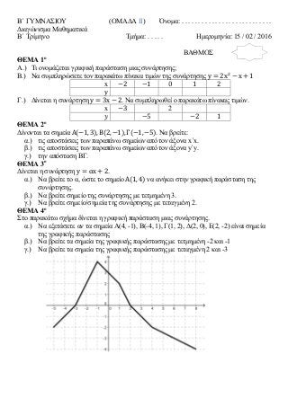 Β΄ ΓΥΜΝΑΣΙΟΥ (ΟΜΑΔΑ II) Όνομα: . . . . . . . . . . . . . . . . . . . . . . . . . . .
Διαγώνισμα Μαθηματικά
Β΄ Τρίμηνο Τμήμα: . . . . . Ημερομηνία: 15 / 02 / 2016
ΒΑΘΜΟΣ
ΘΕΜΑ 1ο
Α.) Τι ονομάζεται γραφική παράσταση μιας συνάρτησης;
Β.) Να συμπληρώσετε τον παρακάτω πίνακα τιμών της συνάρτησης y 2x x 1
x 2 1 0 1 2
y
Γ.) Δίνεται η συνάρτηση y 3x 2. Να συμπληρωθεί ο παρακάτω πίνακας τιμών.
x 3 2
5 2 1
ΘΕΜΑ 2ο
Δίνονται τα σημεία Α 1,3 , Β 2, 1 , Γ 1, 5 . Να βρείτε:
α.) τις αποστάσεις των παραπάνω σημείων από τον άξονα x΄x.
β.) τις αποστάσεις των παραπάνω σημείων από τον άξονα y΄y.
γ.) την απόσταση ΒΓ.
ΘΕΜΑ 3ο
Δίνεται η συνάρτηση y αx 2.
α.) Να βρείτε το α, ώστε το σημείο Α 1,4 να ανήκει στην γραφική παράσταση της
συνάρτησης.
β.) Να βρείτε σημείο της συνάρτησης με τετμημένη 3.
γ.) Να βρείτε σημείο/σημεία της συνάρτησης με τεταγμένη 2.
ΘΕΜΑ 4ο
Στο παρακάτω σχήμα δίνεται η γραφική παράσταση μιας συνάρτησης.
α.) Να εξετάσετε αν τα σημεία Α(4, -1), Β(-4, 1), Γ(1, 2), Δ(2, 0), Ε(2, -2) είναι σημεία
της γραφικής παράστασης
β.) Να βρείτε τα σημεία της γραφικής παράστασης με τετμημένη -2 και -1
γ.) Να βρείτε τα σημεία της γραφικής παράστασης με τεταγμένη 2 και -3
 