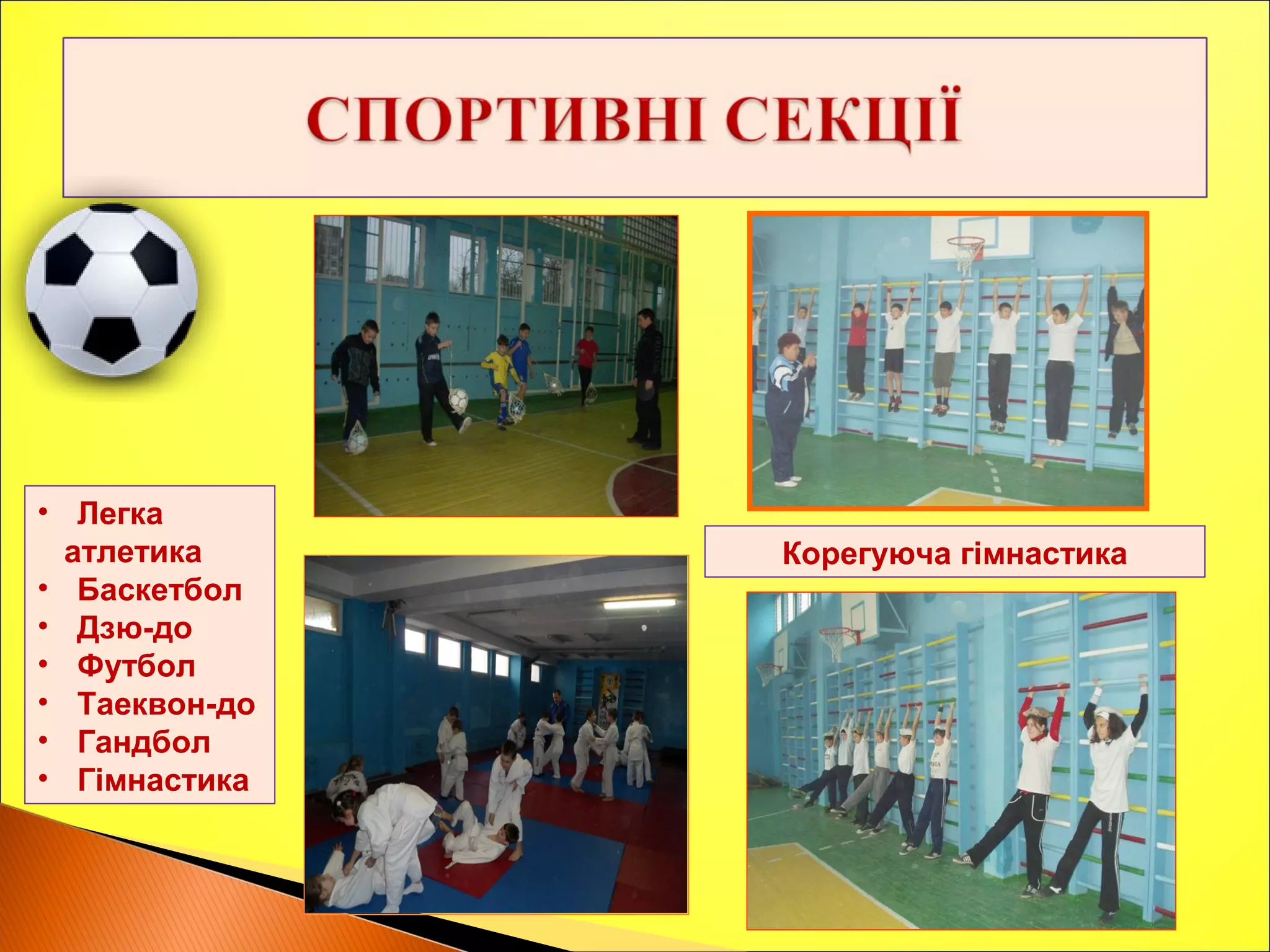 Корегуюча гімнастика
• Легка
атлетика
• Баскетбол
• Дзю-до
• Футбол
• Таеквон-до
• Гандбол
• Гімнастика
 