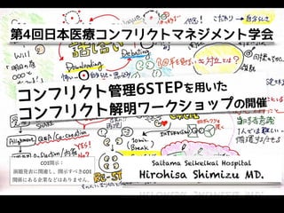 第4回日本医療コンフリクトマネジメント学会
Saitama Seikeikai Hospital
Hirohisa Shimizu MD.
コンフリクト管理6STEPを用いた
コンフリクト解明ワークショップの開催
COI開示：

演題発表に関連し、開示すべきCOI
関係にある企業などはありません。
 