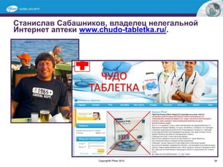 Станислав Сабашников, владелец нелегальной
Интернет аптеки www.chudo-tabletka.ru/.
38Copyright© Pfizer 2015
 