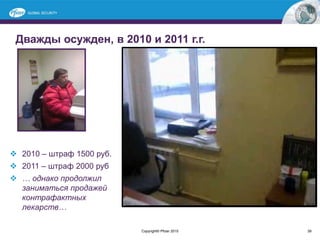 Дважды осужден, в 2010 и 2011 г.г.
39
 2010 – штраф 1500 руб.
 2011 – штраф 2000 руб
 … однако продолжил
заниматься продажей
контрафактных
лекарств…
Copyright© Pfizer 2015
 