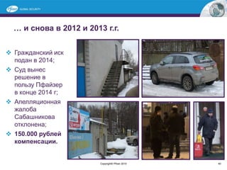 … и снова в 2012 и 2013 г.г.
40
 Гражданский иск
подан в 2014;
 Суд вынес
решение в
пользу Пфайзер
в конце 2014 г;
 Апелляционная
жалоба
Сабашникова
отклонена;
 150.000 рублей
компенсации.
Copyright© Pfizer 2015
 