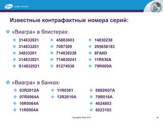 Известные контрафактные номера серий:
 «Виагра» в блистерах:
 «Виагра» в банках:
46Copyright© Pfizer 2015
 314833021  45883003  14830238
 314833201  7087309  295658183
 34833201  714830238  8FA8D
 314833021  714830241  11R036A
 S14832021  91274938  79R009A
 03R2012A  11R0361  0882K07A
 07R0064A  12R2010A  79R018A
 10R0064A  4024803
 11R0064A  6023103
 