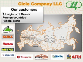 Our customers
All regions of Russia
Foreign countries
Federal retail
Cicle Company LLC
 