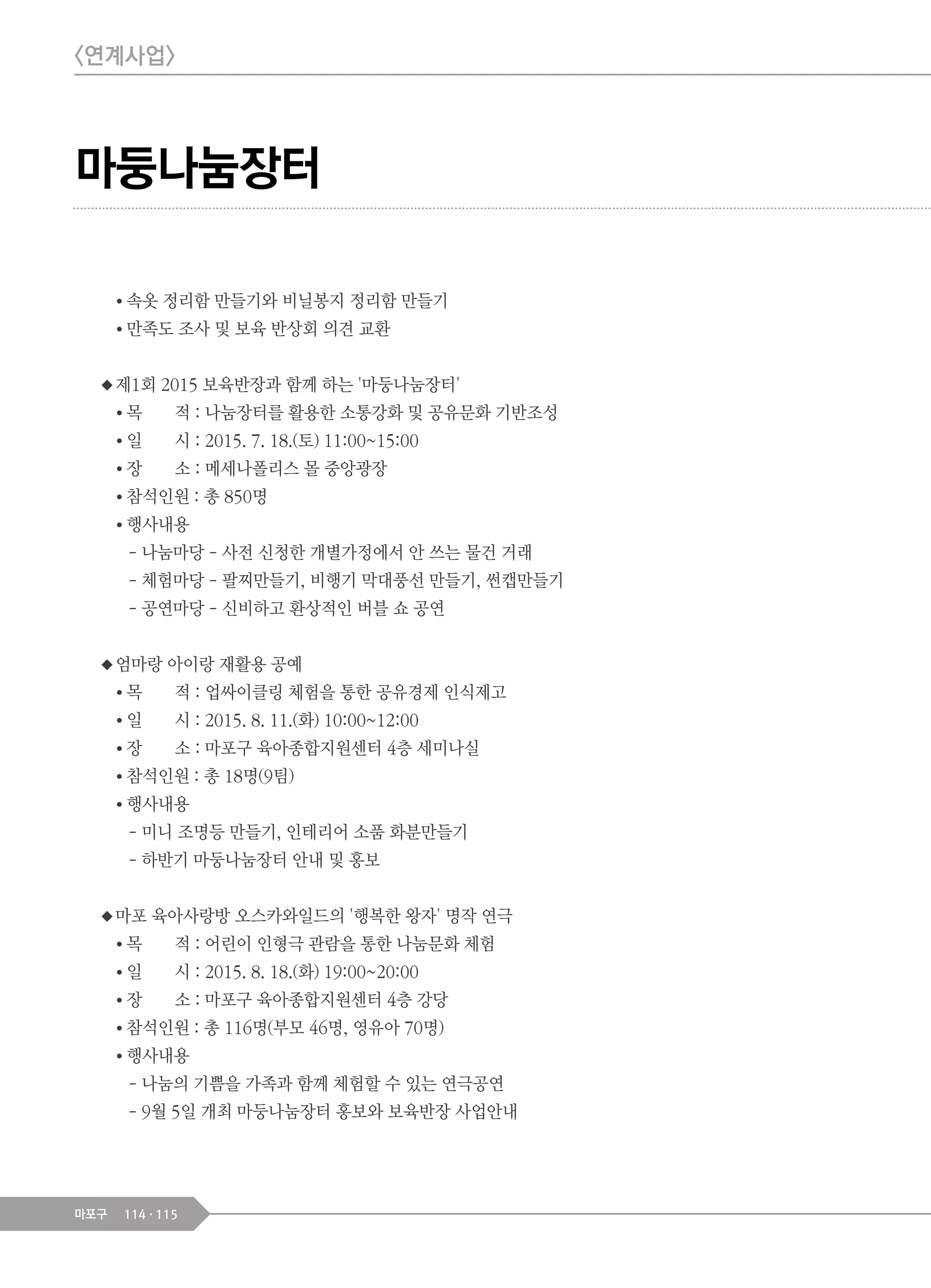 114 115마포구
● 속옷 정리함 만들기와 비닐봉지 정리함 만들기
● 만족도 조사 및 보육 반상회 의견 교환
◆제1회 2015 보육반장과 함께 하는 '마둥나눔장터'
● 목 적 : 나눔장터를 활용한 소통강화 및 공유문화 기반조성
● 일 시 : 2015. 7. 18.(토) 11:00~15:00
● 장 소 : 메세나폴리스 몰 중앙광장
● 참석인원 : 총 850명
● 행사내용
- 나눔마당 - 사전 신청한 개별가정에서 안 쓰는 물건 거래
- 체험마당 - 팔찌만들기, 비행기 막대풍선 만들기, 썬캡만들기
- 공연마당 - 신비하고 환상적인 버블 쇼 공연
◆엄마랑 아이랑 재활용 공예
● 목 적 : 업싸이클링 체험을 통한 공유경제 인식제고
● 일 시 : 2015. 8. 11.(화) 10:00~12:00
● 장 소 : 마포구 육아종합지원센터 4층 세미나실
● 참석인원 : 총 18명(9팀)
● 행사내용
- 미니 조명등 만들기, 인테리어 소품 화분만들기
- 하반기 마둥나눔장터 안내 및 홍보
◆마포 육아사랑방 오스카와일드의 '행복한 왕자' 명작 연극
● 목 적 : 어린이 인형극 관람을 통한 나눔문화 체험
● 일 시 : 2015. 8. 18.(화) 19:00~20:00
● 장 소 : 마포구 육아종합지원센터 4층 강당
● 참석인원 : 총 116명(부모 46명, 영유아 70명)
● 행사내용
- 나눔의 기쁨을 가족과 함께 체험할 수 있는 연극공연
- 9월 5일 개최 마둥나눔장터 홍보와 보육반장 사업안내
마둥나눔장터
<연계사업>
 