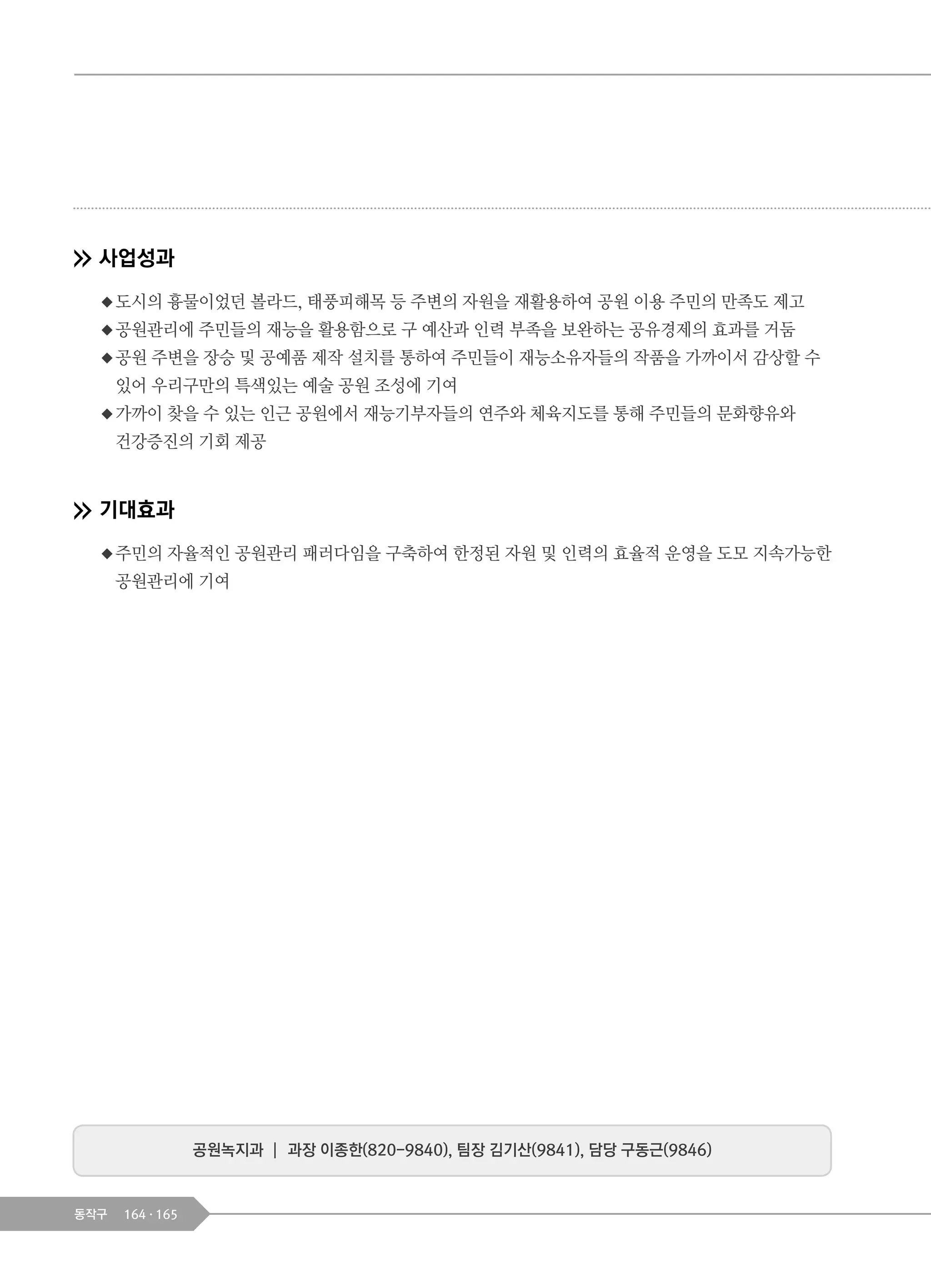 164 165동작구
사업성과
◆도시의 흉물이었던 볼라드, 태풍피해목 등 주변의 자원을 재활용하여 공원 이용 주민의 만족도 제고
◆공원관리에 주민들의 재능을 활용함으로 구 예산과 인력 부족을 보완하는 공유경제의 효과를 거둠
◆공원 주변을 장승 및 공예품 제작 설치를 통하여 주민들이 재능소유자들의 작품을 가까이서 감상할 수
있어 우리구만의 특색있는 예술 공원 조성에 기여
◆가까이 찾을 수 있는 인근 공원에서 재능기부자들의 연주와 체육지도를 통해 주민들의 문화향유와
건강증진의 기회 제공
기대효과
◆주민의 자율적인 공원관리 패러다임을 구축하여 한정된 자원 및 인력의 효율적 운영을 도모 지속가능한
공원관리에 기여
공원녹지과 ┃ 과장 이종한(820-9840), 팀장 김기산(9841), 담당 구동근(9846)
 