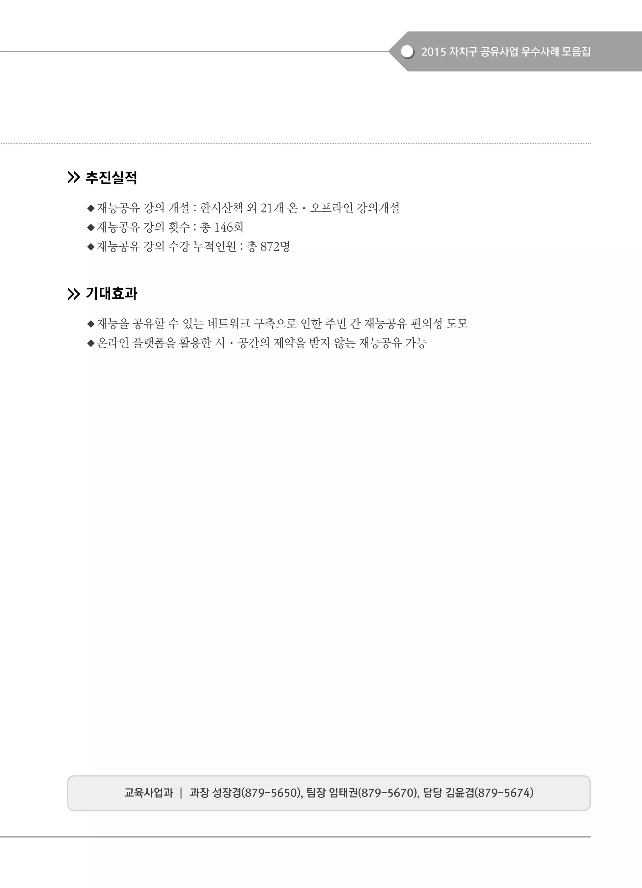 2015 자치구 공유사업 우수사례 모음집
추진실적
◆재능공유 강의 개설 : 한시산책 외 21개 온·오프라인 강의개설
◆재능공유 강의 횟수 : 총 146회
◆재능공유 강의 수강 누적인원 : 총 872명
기대효과
◆재능을 공유할 수 있는 네트워크 구축으로 인한 주민 간 재능공유 편의성 도모
◆온라인 플랫폼을 활용한 시·공간의 제약을 받지 않는 재능공유 가능
교육사업과 ┃ 과장 성장경(879-5650), 팀장 임태권(879-5670), 담당 김윤겸(879-5674)
 