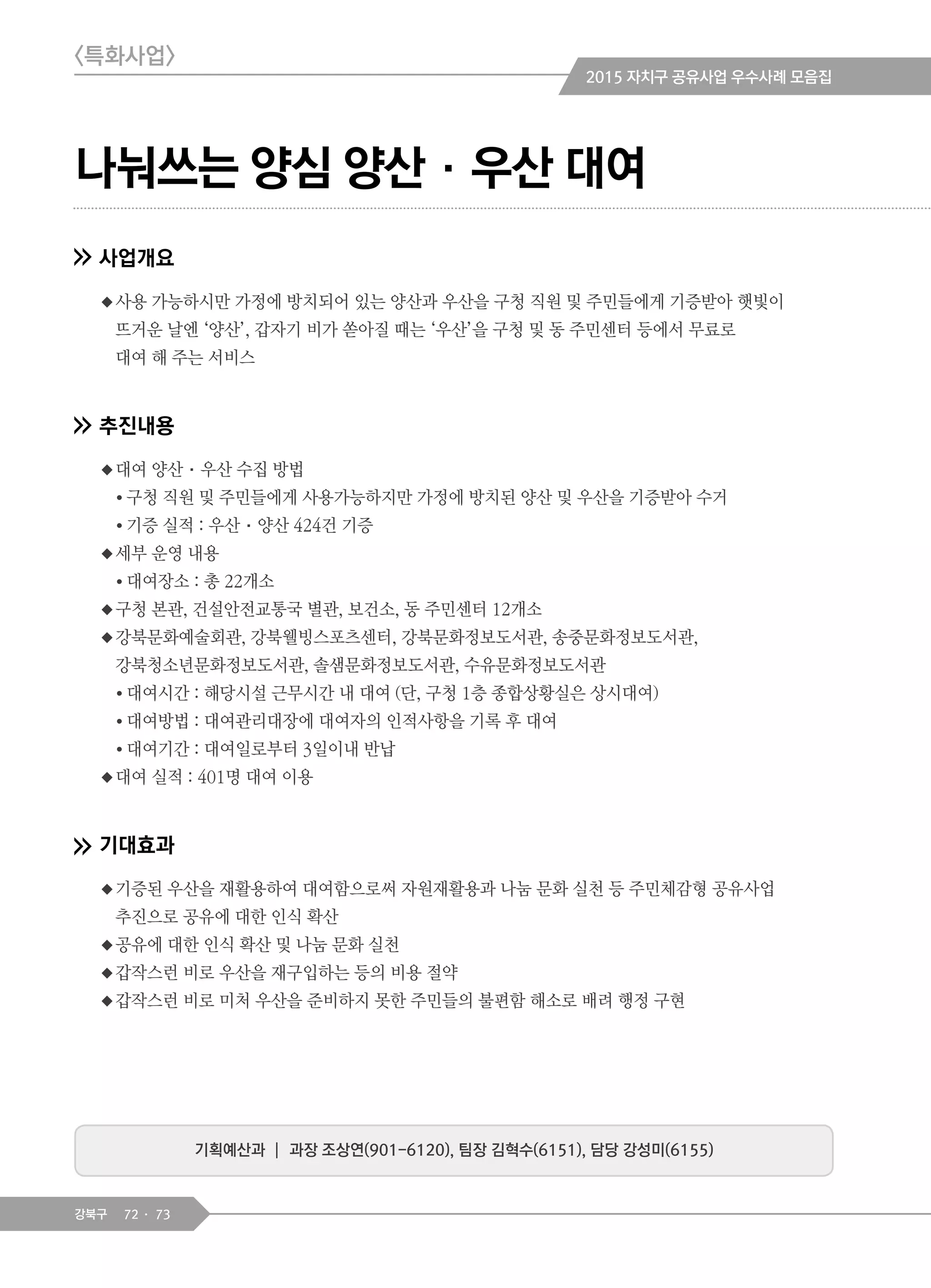 72 73강북구
나눠쓰는 양심 양산·우산 대여
사업개요
◆사용 가능하시만 가정에 방치되어 있는 양산과 우산을 구청 직원 및 주민들에게 기증받아 햇빛이
뜨거운 날엔 ‘양산’, 갑자기 비가 쏟아질 때는 ‘우산’을 구청 및 동 주민센터 등에서 무료로
대여 해 주는 서비스
추진내용
◆대여 양산·우산 수집 방법
● 구청 직원 및 주민들에게 사용가능하지만 가정에 방치된 양산 및 우산을 기증받아 수거
● 기증 실적 : 우산·양산 424건 기증
◆세부 운영 내용
● 대여장소 : 총 22개소
◆구청 본관, 건설안전교통국 별관, 보건소, 동 주민센터 12개소
◆강북문화예술회관, 강북웰빙스포츠센터, 강북문화정보도서관, 송중문화정보도서관,
강북청소년문화정보도서관, 솔샘문화정보도서관, 수유문화정보도서관
● 대여시간 : 해당시설 근무시간 내 대여 (단, 구청 1층 종합상황실은 상시대여)
● 대여방법 : 대여관리대장에 대여자의 인적사항을 기록 후 대여
● 대여기간 : 대여일로부터 3일이내 반납
◆대여 실적 : 401명 대여 이용
기대효과
◆기증된 우산을 재활용하여 대여함으로써 자원재활용과 나눔 문화 실천 등 주민체감형 공유사업
추진으로 공유에 대한 인식 확산
◆공유에 대한 인식 확산 및 나눔 문화 실천
◆갑작스런 비로 우산을 재구입하는 등의 비용 절약
◆갑작스런 비로 미처 우산을 준비하지 못한 주민들의 불편함 해소로 배려 행정 구현
<특화사업>
기획예산과 ┃ 과장 조상연(901-6120), 팀장 김혁수(6151), 담당 강성미(6155)
2015 자치구 공유사업 우수사례 모음집
 
