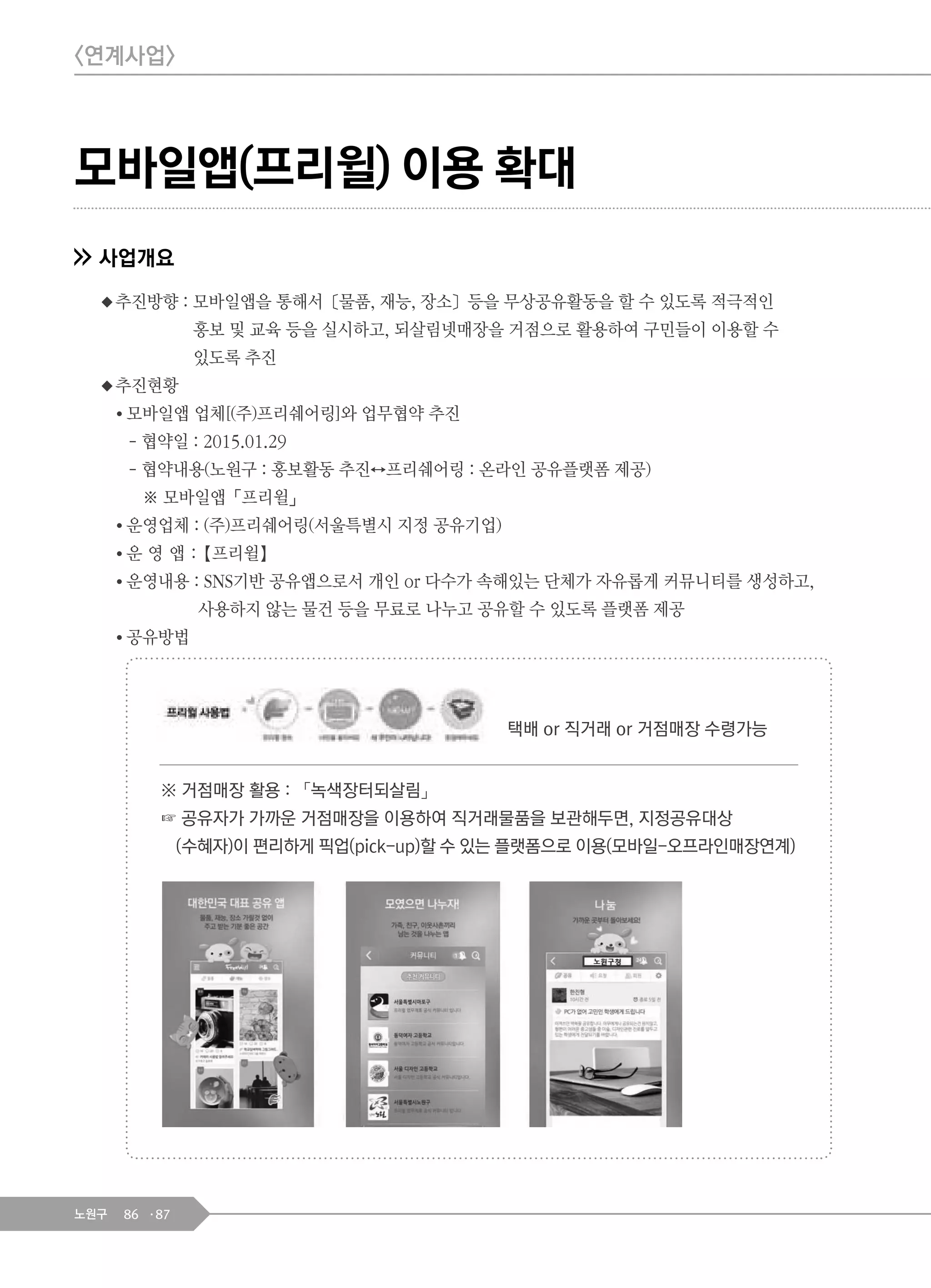 86 87노원구
모바일앱(프리윌) 이용 확대
사업개요
◆추진방향 : 모바일앱을 통해서〔물품, 재능, 장소〕등을 무상공유활동을 할 수 있도록 적극적인
홍보 및 교육 등을 실시하고, 되살림넷매장을 거점으로 활용하여 구민들이 이용할 수
있도록 추진
◆추진현황
● 모바일앱 업체[(주)프리쉐어링]와 업무협약 추진
- 협약일 : 2015.01.29
- 협약내용(노원구 : 홍보활동 추진↔프리쉐어링 : 온라인 공유플랫폼 제공)
※ 모바일앱「프리윌」
● 운영업체 : (주)프리쉐어링(서울특별시 지정 공유기업)
● 운 영 앱 :【프리윌】
● 운영내용 : SNS기반 공유앱으로서 개인 or 다수가 속해있는 단체가 자유롭게 커뮤니티를 생성하고,
사용하지 않는 물건 등을 무료로 나누고 공유할 수 있도록 플랫폼 제공
● 공유방법
택배 or 직거래 or 거점매장 수령가능
※ 거점매장 활용 : 「녹색장터되살림」
☞ 공유자가 가까운 거점매장을 이용하여 직거래물품을 보관해두면, 지정공유대상
(수혜자)이 편리하게 픽업(pick-up)할 수 있는 플랫폼으로 이용(모바일-오프라인매장연계)
<연계사업>
 