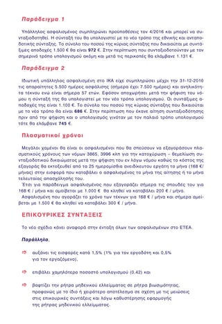 ÐáñÜäåéãìá 1ÐáñÜäåéãìá 1
ÕðÜëëçëïò áóöáëéóìÝíïò óõìðëçñþíåé ðñïûðïèÝóåéò ôïí 4/2016 êáé ìðïñåß íá óõ-
íôáîéïäïôçèåß. Ç óýíôáîÞ ôïõ èá õðïëïãéóôåß ìå ôï íÝï ôñüðï ôçò åèíéêÞò êáé áíôáðï-
äïôéêÞò óýíôáîçò. Ôï óýíïëï ôïõ ðïóïý ôçò êýñéáò óýíôáîçò ðïõ äéêáéïýôáé ìå óõíôÜ-
îéìåò áðïäï÷Ýò 1.500 € èá åßíáé 972 €. Óôçí ðåñßðôùóç ðïõ óõíôáîéïäïôïýíôáí ìå ôïí
óçìåñéíü ôñüðï õðïëïãéóìïý áêüìç êáé ìåôÜ ôéò ðåñéêïðÝò èá åëÜìâáíå 1.131 €.
ÐáñÜäåéãìá 2ÐáñÜäåéãìá 2
ÉäéùôéêÞ õðÜëëçëïò áóöáëéóìÝíç óôï ÉÊÁ åß÷å óõìðëçñþóåé ìÝ÷ñé ôçí 31-12-2010
ôéò áðáñáßôçôåò 5.500 çìÝñåò áóöÜëéóçò (óÞìåñá Ý÷åé 7.500 çìÝñåò) êáé áíçëéêüôç-
ôá ôÝêíïõ åíþ åßíáé óÞìåñá 57 åôþí. Åöüóïí áðï÷ùñÞóåé ìåôÜ ôçí øÞöéóç ôïõ íü-
ìïõ ç óýíôáîÞ ôçò èá õðïëïãéóôåß ìå ôïí íÝï ôñüðï õðïëïãéóìïý. Ïé óõíôÜîéìåò á-
ðïäï÷Ýò ôçò åßíáé 1.100 €. Ôï óýíïëï ôïõ ðïóïý ôçò êýñéáò óýíôáîçò ðïõ äéêáéïýôáé
ìå ôï íÝï ôñüðï èá åßíáé 686 €. Óôçí ðåñßðôùóç ðïõ Ýêáíå áßôçóç óõíôáîéïäüôçóçò
ðñéí áðü ôçí øÞöéóç êáé ï õðïëïãéóìüò ãéíüôáí ìå ôïí ðáëáéü ôñüðï õðïëïãéóìïý
ôüôå èá åëÜìâáíå 745 €.
Ðëáóìáôéêïß ÷ñüíïéÐëáóìáôéêïß ÷ñüíïé
ÌåãÜëïé ÷áìÝíïé èá åßíáé ïé áóöáëéóìÝíïé ðïõ èá óðåýóïõí íá åîáãïñÜóïõí ðëá-
óìáôéêïýò ÷ñüíïõò ôùí íüìùí 3865, 3996 êëð ãéá ôçí êáôï÷ýñùóç – èåìåëßùóç óõ-
íôáîéïäïôéêïý äéêáéþìáôïò ìåôÜ ôçí øÞöéóç ôïõ åí ëüãù íüìïõ êáèþò ôï êüóôïò ôçò
åîáãïñÜò èá åêôïîåõèåß áðü ôá 25 çìåñïìßóèéá áíåéäßêåõôïõ åñãÜôç ôï ìÞíá (168 €/
ìÞíáò) óôçí åéóöïñÜ ðïõ êáôáâÜëåé ï áóöáëéóìÝíïò ôï ìÞíá ôçò áßôçóçò Þ ôï ìÞíá
ôåëåõôáßáò áðáó÷üëçóÞò ôïõ.
¸ôóé ãéá ðáñÜäåéãìá áóöáëéóìÝíïò ðïõ åîáãïñÜæåé óÞìåñá ôéò óðïõäÝò ôïõ ãéá
168 € / ìÞíá êáé áìïßâåôáé ìå 1.000 € èá êëçèåß íá êáôáâÜëåé 200 € / ìÞíá.
ÁóöáëéóìÝíç ðïõ áãïñÜæåé ôï ÷ñüíï ôùí ôÝêíùí ãéá 168 € / ìÞíá êáé óÞìåñá áìåß-
âåôáé ìå 1.500 € èá êëçèåß íá êáôáâÜëåé 300 € / ìÞíá.
ÅÐÉÊÏÕÑÉÊÅÓ ÓÕÍÔÁÎÅÉÓÅÐÉÊÏÕÑÉÊÅÓ ÓÕÍÔÁÎÅÉÓ
Ôï íÝï ó÷Ýäéï êÜíåé áíáöïñÜ óôçí Ýíôáîç üëùí ôùí áóöáëéóìÝíùí óôï ÅÔÅÁ.
ÐáñÜëëçëá,
] áõîÜíåé ôéò åéóöïñÝò êáôÜ 1,5% (1% ãéá ôïí åñãïäüôç êáé 0,5%
ãéá ôïí åñãáæüìåíï),
] åðéâÜëåé ÷áìçëüôåñï ðïóïóôü õðïëïãéóìïý (0,42) êáé
] âáöôßæåé ôçí ñÞôñá ìçäåíéêïý åëëåßììáôïò óå ñÞôñá âéùóéìüôçôáò,
ðñïöáíþò ìå ôï ßäéï Þ ÷åéñüôåñï áðïôÝëåóìá óå ó÷Ýóç ìå ôéò ìåéþóåéò
óôéò åðéêïõñéêÝò óõíôÜîåéò êáé ëüãù êáèõóôÝñçóçò åöáñìïãÞò
ôçò ñÞôñáò ìçäåíéêïý åëëåßììáôïò.
 