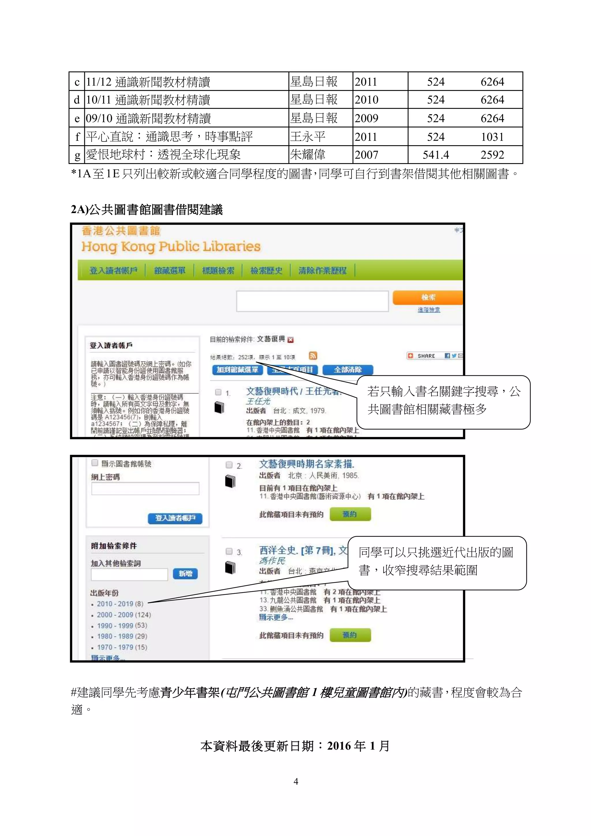4
c 11/12 通識新聞教材精讀 星島日報 2011 524 6264
d 10/11 通識新聞教材精讀 星島日報 2010 524 6264
e 09/10 通識新聞教材精讀 星島日報 2009 524 6264
f 平心直說：通識思考，時事點評 王永平 2011 524 1031
g 愛恨地球村：透視全球化現象 朱耀偉 2007 541.4 2592
*1A至1E只列出較新或較適合同學程度的圖書，同學可自行到書架借閱其他相關圖書。
2A)公共圖書館圖書借閱建議
#建議同學先考慮青少年書架(屯門公共圖書館 1 樓兒童圖書館內)的藏書，程度會較為合
適。
本資料最後更新日期：2016 年 1 月
若只輸入書名關鍵字搜尋，公
共圖書館相關藏書極多
同學可以只挑選近代出版的圖
書，收窄搜尋結果範圍
 
