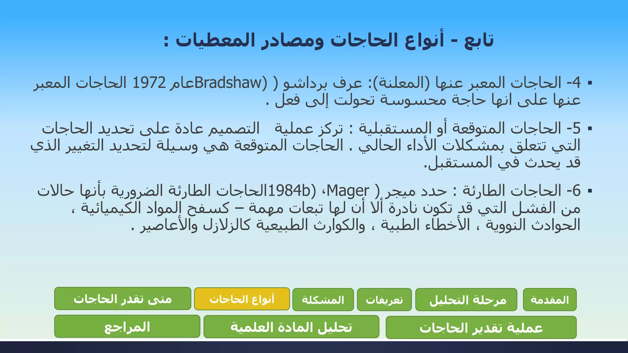 ▪4-‫عنها‬ ‫المعبر‬ ‫الحاجات‬(‫المعلنة‬:)‫عرف‬‫برداشو‬(Bradshaw)‫عام‬1972‫المعبر‬ ‫الحاجات‬
‫فعل‬ ‫إلى‬ ‫تحولت‬ ‫محسوسة‬ ‫حاجة‬ ‫انها‬ ‫على‬ ‫عنها‬.
▪5-‫المستقبلية‬ ‫أو‬ ‫المتوقعة‬ ‫الحاجات‬:‫الح‬ ‫تحديد‬ ‫على‬ ‫عادة‬ ‫التصميم‬ ‫عملية‬ ‫تركز‬‫اجات‬
‫الحالي‬ ‫األداء‬ ‫بمشكالت‬ ‫تتعلق‬ ‫التي‬.‫التغي‬ ‫لتحديد‬ ‫وسيلة‬ ‫هي‬ ‫المتوقعة‬ ‫الحاجات‬‫الذي‬ ‫ير‬
‫المستقبل‬ ‫في‬ ‫يحدث‬ ‫قد‬.
▪6-‫الطارئة‬ ‫الحاجات‬:‫ميجر‬ ‫حدد‬(Mager،1984b)‫حاالت‬ ‫بأنها‬ ‫الضرورية‬ ‫الطارئة‬ ‫الحاجات‬
‫مهمة‬ ‫تبعات‬ ‫لها‬ ‫أن‬ ‫أال‬ ‫نادرة‬ ‫تكون‬ ‫قد‬ ‫التي‬ ‫الفشل‬ ‫من‬–، ‫الكيميائية‬ ‫المواد‬ ‫كسفح‬
‫واألعاصير‬ ‫كالزالزل‬ ‫الطبيعية‬ ‫والكوارث‬ ، ‫الطبية‬ ‫األخطاء‬ ، ‫النووية‬ ‫الحوادث‬.
‫المقدمة‬‫التحليل‬ ‫مرحلة‬‫تعريفات‬‫المشكلة‬‫الحاجات‬ ‫أنواع‬‫الحاجات‬ ‫تقدر‬ ‫متى‬
‫الحاجات‬ ‫تقدير‬ ‫عملية‬‫العلمية‬ ‫المادة‬ ‫تحليل‬‫المراجع‬
‫تابع‬-‫المعطيات‬ ‫ومصادر‬ ‫الحاجات‬ ‫أنواع‬:
 