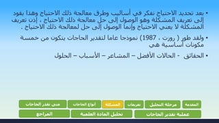 ▪‫بعد‬‫وهذا‬ ‫االحتياج‬ ‫ذلك‬ ‫معالجة‬ ‫وطرق‬ ‫أساليب‬ ‫في‬ ‫نفكر‬ ‫االحتياج‬ ‫تحديد‬‫يقود‬
‫تعر‬ ‫إذن‬ ، ‫االحتياج‬ ‫ذلك‬ ‫معالجة‬ ‫حل‬ ‫إلى‬ ‫الوصول‬ ‫وهو‬ ‫المشكلة‬ ‫تعريف‬ ‫إلى‬‫يف‬
‫االحتياج‬ ‫ذلك‬ ‫لمعالجة‬ ‫حل‬ ‫إلى‬ ‫الوصول‬ ‫وإنما‬ ‫االحتياج‬ ‫يعني‬ ‫ال‬ ‫المشكلة‬.
▪‫طور‬ ‫ولقد‬(، ‫روزت‬1987)‫خمسة‬ ‫من‬ ‫يتكون‬ ‫الحاجات‬ ‫لتقدير‬ ‫عاما‬ ‫نموذجا‬
‫هي‬ ‫أساسية‬ ‫مكونات‬
▪‫الحقائق‬-‫األفضل‬ ‫الحاالت‬–‫المشاعر‬–‫األسباب‬–‫الحلول‬
‫المقدمة‬‫التحليل‬ ‫مرحلة‬‫تعريفات‬‫المشكلة‬‫الحاجات‬ ‫أنواع‬‫الحاجات‬ ‫تقدر‬ ‫متى‬
‫الحاجات‬ ‫تقدير‬ ‫عملية‬‫العلمية‬ ‫المادة‬ ‫تحليل‬‫المراجع‬
 