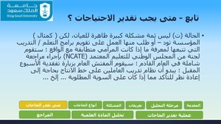 ‫تابع‬-‫االحتياجات‬ ‫تقدير‬ ‫يجب‬ ‫متى‬‫؟‬
▪‫الحالة‬(‫ت‬)‫لكن‬ ،‫للعيان‬ ‫ظاهرة‬ ‫كبيرة‬ ‫مشكلة‬ ‫ثمة‬ ‫ليس‬(‫كمثال‬)
‫تود‬ ‫المؤسسة‬–‫التعلم‬ ‫برامج‬ ‫تقويم‬ ‫على‬ ‫العمل‬ ‫منها‬ ‫طلب‬ ‫أو‬/‫التدريب‬
‫ست‬ ‫؛‬ ‫الواقع‬ ‫مع‬ ‫متطابقة‬ ‫المرامي‬ ‫كانت‬ ‫إذا‬ ‫ما‬ ‫لمعرفة‬ ‫تتبعها‬ ‫التي‬‫قوم‬
‫المعتمد‬ ‫للتعليم‬ ‫الوطني‬ ‫المجلس‬ ‫من‬ ‫لجنة‬(NCATE)‫مراجعة‬ ‫بإجراء‬
‫ا‬ ‫تفقدية‬ ‫بزيارة‬ ‫العام‬ ‫المفتش‬ ‫سيقوم‬ ‫؛‬ ‫القادم‬ ‫العام‬ ‫في‬ ‫شاملة‬‫ألسبوع‬
‫إلى‬ ‫بحاجة‬ ‫االنتاج‬ ‫خط‬ ‫على‬ ‫العاملين‬ ‫تدريب‬ ‫نظام‬ ‫أن‬ ‫يبدو‬ ‫؛‬ ‫المقبل‬
‫المطلوبة‬ ‫السوية‬ ‫على‬ ‫كان‬ ‫إذا‬ ‫مما‬ ‫للتأكد‬ ‫نظر‬ ‫إعادة‬...‫إلخ‬...
‫المقدمة‬‫التحليل‬ ‫مرحلة‬‫تعريفات‬‫المشكلة‬‫الحاجات‬ ‫أنواع‬‫الحاجات‬ ‫تقدر‬ ‫متى‬
‫الحاجات‬ ‫تقدير‬ ‫عملية‬‫العلمية‬ ‫المادة‬ ‫تحليل‬‫المراجع‬
 