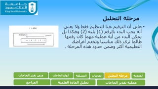 ‫التحليل‬ ‫مرحلة‬
▪‫ي‬ ‫وال‬ ‫فقط‬ ‫للتنظيم‬ ‫هنا‬ ‫الترقيم‬ ‫أن‬ ‫على‬‫عني‬
‫بالرقم‬ ‫البدء‬ ‫يجب‬ ‫أنه‬(1)‫يليه‬(2)‫بل‬ ‫وهكذا‬
‫رقمها‬ ‫كان‬ ‫مهما‬ ‫عملية‬ ‫أية‬ ‫من‬ ‫البدء‬ ‫يمكن‬
‫أغراضك‬ ‫وتخدم‬ ‫مناسبا‬ ‫ذلك‬ ‫ترى‬ ‫طالما‬
‫المرحلة‬ ‫هذه‬ ‫حدود‬ ‫وضمن‬ ‫أكثر‬ ‫التعليمية‬.
‫المقدمة‬‫التحليل‬ ‫مرحلة‬‫تعريفات‬‫المشكلة‬‫الحاجات‬ ‫أنواع‬‫الحاجات‬ ‫تقدر‬ ‫متى‬
‫الحاجات‬ ‫تقدير‬ ‫عملية‬‫العلمية‬ ‫المادة‬ ‫تحليل‬‫المراجع‬
 