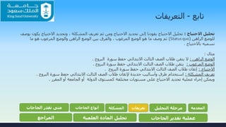 ‫تابع‬-‫التعريفات‬
‫االحتياج‬ ‫تحليل‬:‫االحتي‬ ‫وتحديد‬ ، ‫المشكلة‬ ‫تعريف‬ ‫ثم‬ ‫ومن‬ ‫االحتياج‬ ‫تحديد‬ ‫إلى‬ ‫يقودنا‬ ‫االحتياج‬ ‫تحليل‬‫بوصف‬ ‫يكون‬ ‫اج‬
‫الراهن‬ ‫للوضع‬(Status quo)‫ما‬ ‫هو‬ ‫المرغوب‬ ‫والوضع‬ ‫الراهن‬ ‫الوضع‬ ‫بين‬ ‫والفرق‬ ، ‫المرغوب‬ ‫الوضع‬ ‫هو‬ ‫ما‬ ‫وصف‬ ‫ثم‬
‫باالحتياج‬ ‫نسميه‬.
‫مثال‬:
‫الراهن‬ ‫الوضع‬:‫البروج‬ ‫سورة‬ ‫حفظ‬ ‫االبتدائي‬ ‫الثالث‬ ‫الصف‬ ‫طالب‬ ‫يتقن‬ ‫ال‬.
‫المرغوب‬ ‫الوضع‬:‫البروج‬ ‫سورة‬ ‫حفظ‬ ‫االبتدائي‬ ‫الثالث‬ ‫الصف‬ ‫طالب‬ ‫يتقن‬.
‫االحتياج‬:‫البروج‬ ‫سورة‬ ‫حفظ‬ ‫االبتدائي‬ ‫الثالث‬ ‫الصف‬ ‫طالب‬ ‫إتقان‬.
‫المشكلة‬ ‫تعريف‬:‫البروج‬ ‫سورة‬ ‫حفظ‬ ‫االبتدائي‬ ‫الثالث‬ ‫الصف‬ ‫طالب‬ ‫إلتقان‬ ‫جديدة‬ ‫وأساليب‬ ‫طرق‬ ‫استخدام‬.
‫المقرر‬ ‫أو‬ ‫الجامعة‬ ‫أو‬ ‫الدولة‬ ‫كمستوى‬ ‫مختلفة‬ ‫مستويات‬ ‫على‬ ‫االحتياج‬ ‫تحديد‬ ‫عملية‬ ‫إجراء‬ ‫ويمكن‬.
‫المقدمة‬‫التحليل‬ ‫مرحلة‬‫تعريفات‬‫المشكلة‬‫الحاجات‬ ‫أنواع‬‫الحاجات‬ ‫تقدر‬ ‫متى‬
‫الحاجات‬ ‫تقدير‬ ‫عملية‬‫العلمية‬ ‫المادة‬ ‫تحليل‬‫المراجع‬
 