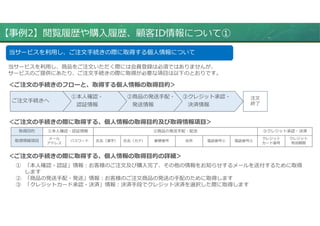 【事例2】閲覧履歴や購入履歴、顧客ID情報について①
当サービスを利用し、ご注文⼿続きの際に取得する個⼈情報について
当サービスを利用し、商品をご注文いただく際には会員登録は必須ではありませんが、
サービスのご提供にあたり、ご注文⼿続きの際に取得が必要な項目は以下のとおりです。
＜ご注文の手続きのフローと、取得する個人情報の取得目的＞
ご注文⼿続きへ
①本⼈確認・
認証情報
②商品の発送⼿配・
発送情報
③クレジット承認・
決済情報
注文
終了
＜ご注文の手続きの際に取得する、個人情報の取得目的及び取得情報項目＞
取得目的 ①本⼈確認・認証情報 ②商品の発送⼿配・配送 ③クレジット承認・決済
取得情報項目
メール
アドレス
パスワード ⽒名（漢字） ⽒名（カナ） 郵便番号 住所 電話番号① 電話番号②
クレジット
カード番号
クレジット
有効期限
＜ご注文の手続きの際に取得する、個人情報の取得目的の詳細＞
① 「本⼈確認・認証」情報：お客様のご注文及び購入完了、その他の情報をお知らせするメールを送付するために取得
します
② 「商品の発送⼿配・発送」情報：お客様のご注文商品の発送の⼿配のために取得します
③ 「クレジットカード承認・決済」情報：決済⼿段でクレジット決済を選択した際に取得します
 