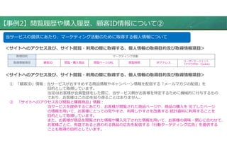 ＜サイトへのアクセス及び、サイト閲覧・利⽤の際に取得する、個人情報の取得目的及び取得情報項目＞
取得目的 マーケティング活動
取得情報項目 顧客ID 閲覧・購入商品 閲覧ページURL 閲覧時間 IPアドレス
ユーザーエージェント
（ブラウザID・Cookie)
＜サイトへのアクセス及び、サイト閲覧・利⽤の際に取得する、個人情報の取得目的及び取得情報項目＞
① 「顧客ID」情報：当サービスがおすすめする商品情報やキャンペーン情報を配信する「メールマガジの配信」を
目的として取得しています。
当IDはお客様が会員登録をした際に、当サービス側がお客様を特定するために機械的に付与するもの
であり、お客様はこのIDを知り得ることはありません。
② 「サイトへのアクセス及び閲覧と購買商品」情報：
当サービスを提供するにあたり、お客様が閲覧された商品ページや、商品の購入を 完了したページ
の情報を用いて、お客様にとっての⾒やすさ、利用しやすさを改善する 統計資料に利用することを
目的として取得しています。
また、お客様が商品を閲覧された情報や購入完了された情報を用いて、お客様の興味・関心に合わせて、
お客様ごとに、有益であると思われる商品の広告を配信する「⾏動ターゲティング広告」を提供する
ことも取得の目的としています。
【事例2】閲覧履歴や購入履歴、顧客ID情報について②
当サービスの提供にあたり、マーケティング活動のために取得する個⼈情報について
 