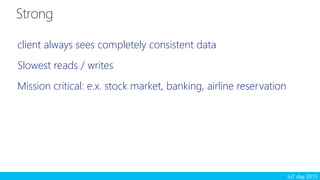 IoT day 2015
client always sees completely consistent data
Slowest reads / writes
Mission critical: e.x. stock market, banking, airline reservation
 