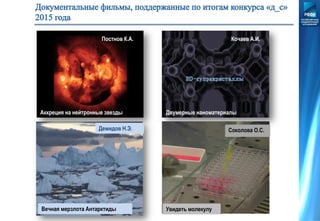 Соколова О.С.
Увидеть молекулуВечная мерзлота Антарктиды
Демидов Н.Э.
Постнов К.А.
Аккреция на нейтронные звезды
Кочаев А.И.
Двумерные наноматериалы
 