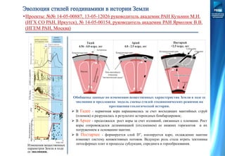 Обобщены данные по изменению вещественных характеристик Земли в ходе ее
эволюции и предложена модель смены стилей геодинамических режимов на
протяжении геологической истории.
 В Гадее - первичная кора наращивалась за счет восходящих мантийных струй
(плюмов) и разрушалась в результате астероидных бомбардировок;
 В Архее - продолжался рост коры за счет излияний, связанных с плюмами. Рост
коры сопровождался деламинацией (отслоением) ее нижних горизонтов и их
погружением к основанию мантии.
 В Постархее - формируется слой D”, изолируется ядро, охлаждение мантии
изменяет систему конвективных потоков. Ведущую роль стала играть тектоника
литосферных плит и процессы субдукции, спрединга и горообразования.Изменения вещественных
параметров Земли в ходе
ее эволюции.
•Проекты: №№ 14-05-00887, 13-05-12026 руководитель академик РАН Кузьмин М.И.
(ИГХ СО РАН, Иркутск), № 14-05-00154, руководитель академик РАН Ярмолюк В.В.
(ИГЕМ РАН, Москва)
 