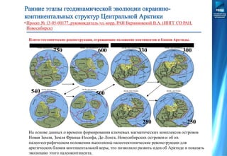 • Проект № 13-05-00177, руковождитель чл.-корр. РАН Верниковский В.А. (ИНГГ СО РАН,
Новосибирск)
Плито-тектонические реконструкции, отражающие положение континентов и блоков Арктиды.
750 600
540 500
330 300
280 250
На основе данных о времени формирования ключевых магматических комплексов островов
Новая Земля, Земля Франца-Иосифа, Де-Лонга, Новосибирских островов и об их
палеогеографическом положении выполнены палеотектонические реконструкции для
арктических блоков континентальной коры, что позволило развить идеи об Арктиде и показать
эволюцию этого палеоконтинента.
 