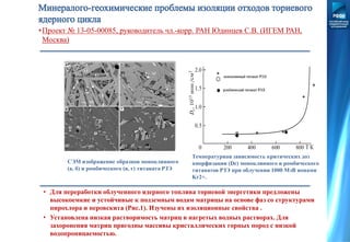 •Проект № 13-05-00085, руководитель чл.-корр. РАН Юдинцев С.В. (ИГЕМ РАН,
Москва)
Температурная зависимость критических доз
аморфизации (Dc) моноклинного и ромбического
титанатов РЗЭ при облучении 1000 МэВ ионами
Kr2+.
СЭМ изображение образцов моноклинного
(а, б) и ромбического (в, г) титаната РЗЭ
• Для переработки облученного ядерного топлива ториевой энергетики предложены
высокоемкие и устойчивые к подземным водам матрицы на основе фаз со структурами
пирохлора и перовскита (Рис.1). Изучены их изоляционные свойства .
• Установлена низкая растворимость матриц в нагретых водных растворах. Для
захоронения матриц пригодны массивы кристаллических горных пород с низкой
водопроницаемостью.
 