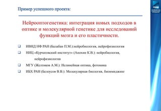 Нейрооптогенетика: интеграция новых подходов в
оптике и молекулярной генетике для исследований
функций мозга и его пластичности.
 ИВНД НФ РАН (Балабан П.М.):нейробиология, нейрофизиология
 НИЦ «Курчатовский институт» (Анохин К.В.): нейробиология,
нейрофизиология
 МГУ (Желтиков А.М.): Нелинейная оптика, фотоника
 ИБХ РАН (Белоусов В.В.): Молекулярная биология, биоимиджинг
 