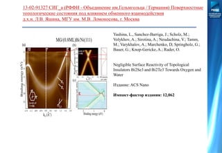 13-02-91327 СИГ_а (РФФИ - Объединение им.Гельмгольца / Германия) Поверхностные
топологические состояния под влиянием обменного взаимодействия
д.х.н. Л.В. Яшина, МГУ им. М.В. Ломоносова, г. Москва
Yashina, L., Sanchez-Barriga, J.; Scholz, M.;
Volykhov, A.; Sirotina, A.; Neudachina, V.; Tamm,
M.; Varykhalov, A.; Marchenko, D; Springholz, G.;
Bauer, G.; Knop-Gericke, A.; Rader, O.
Negligible Surface Reactivity of Topological
Insulators Bi2Se3 and Bi2Te3 Towards Oxygen and
Water
Издание: ACS Nano
Импакт-фактор издания: 12,062
 