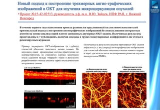 0.5 мм 0.5 мм
(в) Микрососудистая сетка
здоровой ткани (вид сверху)
(г) Микрососудистая сетка
через три недели после
ежедневного воздействия DMBA
0.5 мм 0.5 мм
(в) Микрососудистая сетка
здоровой ткани (вид сверху)
(г) Микрососудистая сетка
через три недели после
ежедневного воздействия DMBA
Пример двумерного ОКТ-изображения (в глубину)
слизистой оболочки защечного мешка хомяка. На
исходном скане кровеносные сосуды практически не
контрастируются, но становятся хорошо заметными
после удаления вклада «твердой» ткани в результате
разработанного метода анализа серий последовательно
получаемых сканов
Получаемые в результате анализа трехмерных ОКТ сканов
анфасные (т.е. вид сверху) ангиографические изображения
для слизистой оболочки защечного мешка хомяка в норме
и через три недели после индицирования развития опухоли
канцерогеном DMBA.
В течение первого года выполнения проекта развивался предложенный коллективом исполнителей
оригинальный подход к построению ангиографических изображений без использования контрастных
агентов на основе анализа серий плотно записанных двумерных ОКТ-сканов. Полученные результаты
представлены в 7 публикациях, включая доклады в трудах международных конференций и две статьи в
рецензируемых журналах
•Проект №15-42-02513, руководитель д.ф.-м.н. В.Ю. Зайцев, ИПФ РАН, г. Нижний
Новгород
 