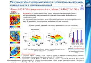 Термограммы молочной
железы
Рис. 2. Анализ частоты
выявления «монофрактальных»
и «мультифрактальных» ячеек
на термограммах молочных
желез.
Результаты: На основе оригинальных данных инфракрасной термографии тканей и
когерентной фазовой микроскопии клеток проведено исследование механобиологии и
гомеостаза опухолей.
Для пораженных раком молочных желез установлено увеличение доли «монофрактальных»
ячеек по сравнению с непораженными молочными железами пациенток.
Основные публикации:
E.Gerasimova, B.Audit, S.G.Roux, A.Khalil, F.Argoul, O.Naimark and A.Arneodo. Multifractal analysis of dynamic
infrared imaging of breast cancer // Europhysics Letters, 2013, V.104, p.68001.
Gerasimova E., Audit B., Roux S.-G., Khalil A., Gileva O., Argoul F., Naimark O., Arneodo A. Wavelet-based
multifractal analysis of dynamic infrared thermograms to assist in early breast cancer diagnosis // Frontiers in
physiology.– 2014.–Vol. 5.– P.176.
Рис. 1. Трек-диаграмма флуктуаций фазовой толщины раковой клетки
(HCT116) и здоровой клетки ТТК.
Сравнительный критерий для диагностики онкологических патологий
•Проект № 13-01-96044, руководитель д.ф.-м.н. Наймарк О.Б., ИМСС УрО РАН, г.
Пермь
 