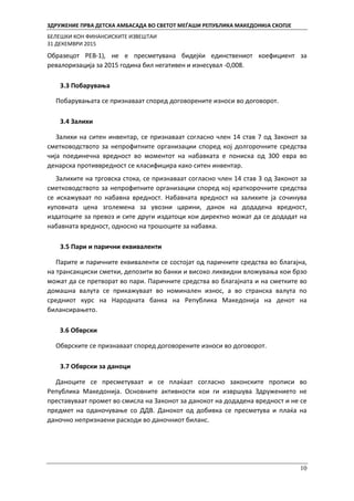 ЗДРУЖЕНИЕ ПРВА ДЕТСКА АМБАСАДА ВО СВЕТОТ МЕЃАШИ РЕПУБЛИКА МАКЕДОНИЈА СКОПЈЕ
БЕЛЕШКИ КОН ФИНАНСИСКИТЕ ИЗВЕШТАИ
31 ДЕКЕМВРИ 2015
10
Образецот РЕВ-1), не е пресметувана бидејќи единствениот коефициент за
ревалоризација за 2015 година бил негативен и изнесувал -0,008.
3.3 Побарувања
Побарувањата се признаваат според договорените износи во договорот.
3.4 Залихи
Залихи на ситен инвентар, се признаваат согласно член 14 став 7 од Законот за
сметководството за непрофитните организации според кој долгорочните средства
чија поединечна вредност во моментот на набавката е пониска од 300 евра во
денарска противвредност се класифицира како ситен инвентар.
Залихите на трговска стока, се признаваат согласно член 14 став 3 од Законот за
сметководството за непрофитните организации според кој краткорочните средства
се искажуваат по набавна вредност. Набавната вредност на залихите ја сочинува
куповната цена зголемена за увозни царини, данок на додадена вредност,
издатоците за превоз и сите други издатоци кои директно можат да се додадат на
набавната вредност, односно на трошоците за набавка.
3.5 Пари и парични еквиваленти
Парите и паричните еквиваленти се состојат од паричните средства во благајна,
на трансакциски сметки, депозити во банки и високо ликвидни вложувања кои брзо
можат да се претворат во пари. Паричните средства во благајната и на сметките во
домашна валута се прикажуваат во номинален износ, а во странска валута по
средниот курс на Народната банка на Република Македонија на денот на
билансирањето.
3.6 Обврски
Обврските се признаваат според договорените износи во договорот.
3.7 Обврски за даноци
Даноците се пресметуваат и се плаќаат согласно законските прописи во
Република Македонија. Основните активности кои ги извршува Здружението не
преставуваат промет во смисла на Законот за данокот на додадена вредност и не се
предмет на оданочување со ДДВ. Данокот од добивка се пресметува и плаќа на
даночно непризнаени расходи во даночниот биланс.
 