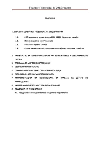 Годишен Извештај за 2015 година
СОДРЖИНА
1.ДИРЕКТНИ СЕРВИСИ ЗА ПОДДРШКА НА ДЕЦА ВО РИЗИК
1.1. СОС телефон за деца и млади 0800 1 2222 (бесплатна линија)
1.2. Психо-социјално советувалиште
1.3. Бесплатна правна служба
1.4. Сервис за материјална поддршка на социјално загрозени семејства
2. ПАРТНЕРСТВО ЗА ПОМИРУВАЊЕ ПРЕКУ РАН ДЕТСКИ РАЗВОЈ И ОБРАЗОВАНИЕ ВО
ЕВРОПА
3. ПРОГРАМА ЗА МИРОВНО ОБРАЗОВАНИЕ
4. ОДГОВОРНО РОДИТЕЛСТВО
5. ОСНОВНО ИНФОРМАТИЧКО ОБРАЗОВАНИЕ ЗА ДЕЦА
6. ПАТОКАЗ КОН ФЕР И ДЕМОКРАТСКИ ИЗБОРИ
7. ИМПЛЕМЕНТАЦИЈА НА КОНВЕНЦИЈАТА ЗА ПРАВАТА НА ДЕТЕТО ВО
Р.МАКЕДОНИЈА
8. ЦИВИКА МОБИЛИТАС – ИНСТИТУЦИОНАЛЕН ГРАНТ
9. ПОДДРШКА НА ИНИЦИЈАТИВИ
9.1. Поддршка на иницијативата за споделено старателство
 