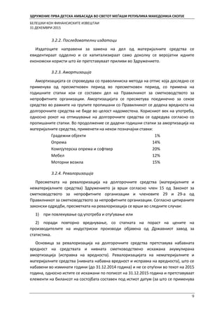 ЗДРУЖЕНИЕ ПРВА ДЕТСКА АМБАСАДА ВО СВЕТОТ МЕЃАШИ РЕПУБЛИКА МАКЕДОНИЈА СКОПЈЕ
БЕЛЕШКИ КОН ФИНАНСИСКИТЕ ИЗВЕШТАИ
31 ДЕКЕМВРИ 2015
9
3.2.2. Последователни издатоци
Издатоците направени за замена на дел од материјалните средства се
евидентираат одделно и се капитализираат само доколку се веројатни идните
економски користи што ќе претставуваат приливи во Здружението.
3.2.3. Амортизација
Амортизацијата се спроведува со праволиниска метода на отпис која доследно се
применува од пресметковен период во пресметковен период, со примена на
годишните стапки кои се составен дел на Правилникот за сметководството за
непрофитните организации. Амортизацијата се пресметува поединечно за секое
средство во рамките на групите пропишани со Правилникот се додека вредноста на
долгорочните средства не биде во целост надоместена. Корисниот век на употреба,
односно рокот на отпишување на долгорочните средства се одредува согласно со
пропишаните стапки. Во продолжение се дадени годишни стапки за амортизација на
материјалните средства, применети на некои позначајни ставки:
Градежни објекти 1%
Опрема 14%
Компјутерска опрема и софтвер 20%
Мебел 12%
Моторни возила 15%
3.2.4. Ревалоризација
Пресметката на ревалоризација на долгорочните средства (материјалните и
нематеријалните средства) Здружението ја врши согласно член 15 од Законот за
сметководството за непрофитните организации и членовите 29 и 29-а од
Правилникот за сметководството за непрофитните организации. Согласно цитираните
законски одредби, пресметката на ревалоризација се врши во следните случаи:
1) при повлекување од употреба и отуѓување или
2) поради повторно вреднување, со стапката на пораст на цените на
производителите на индустриски производи објавена од Државниот завод за
статистика.
Основица за ревалоризација на долгорочните средства претставува набавната
вредност на средствата и нивната сметководствено искажана акумулирана
амортизација (исправка на вредноста). Ревалоризацијата на нематеријалните и
материјалните средства (нивната набавна вредност и исправка на вредноста), што се
набавени во изминати години (до 31.12.2014 година) и не се отуѓени во текот на 2015
година, односно истите се искажани по пописот на 31.12.2015 година и претставуваат
елементи на билансот на состојбата составен под истиот датум (за што се применува
 
