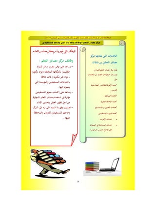 ‫فــبــرايــر‬ ‫األســـاســي‬ ‫للتعليم‬ ‫شاذان‬ ‫بن‬ ‫الخليل‬ ‫بمدرسة‬ ‫التعلم‬ ‫مصادر‬ ‫جماعة‬ ‫عن‬ ‫تصدر‬ ‫فصلية‬ ‫نشرة‬٢٠١٥‫مـــ‬
١٣
‫ﻛﺰ‬‫ﻣﺮ‬ ‫ﻳﻘﺪﻣﻬﺎ‬ ‫اﻟﺘﻲ‬ ‫اﻟﺨﺪﻣﺎت‬
‫ﺷﺎذان‬ ‫ﺑﻦ‬ ‫اﻟﺨﻠﻴﻞ‬ ‫ﻣﺼﺎدر‬
‫ﻣﻦ‬ ‫ﻛﻐﻴﺮﻩ‬‫اﻟﺘﻌﻠﻢ‬ ‫ﻣﺼﺎدر‬ ‫ﻛﺰ‬‫ﻣﺮ‬ ‫ﻳﻘﺪم‬
‫اﻟﺨﺪﻣﺎت‬ ‫ﻣﻦ‬ ‫اﻟﻌﺪﻳﺪ‬ ‫اﻟﻤﻌﻠﻮﻣﺎت‬ ‫ﻣﺆﺳﺴﺎت‬
:‫ﻣﺜﻞ‬
‫ﻫﻴﺌﺔ‬ ‫أﻋﻀﺎء‬ ‫و‬ ‫ﻟﻠﻄﻼب‬ ‫اﻹﻋﺎرة‬ ‫*ﺧﺪﻣﺔ‬
.‫اﻟﺘﺪرﻳﺲ‬
‫اﻟﻤﺮﺟﻌﻴﺔ‬ ‫*اﻟﺨﺪﻣﺔ‬.
.‫ﻳﺔ‬‫ر‬‫اﻟﺠﺎ‬ ‫اﻹﺣﺎﻃﺔ‬ ‫*ﺧﺪﻣﺔ‬
.‫اﻻﺳﺘﻨﺴﺎخ‬ ‫و‬ ‫اﻟﺘﺼﻮﻳﺮ‬ ‫*ﺧﺪﻣﺎت‬
.‫اﻟﻤﺴﺘﻔﻴﺪﻳﻦ‬ ‫ﺗﺪرﻳﺐ‬ ‫*ﺧﺪﻣﺔ‬
••••. ‫اﻹﻧﺘﺮﻧﺖ‬ ‫ﺧﺪﻣﺎت‬
••••‫اﻟﻌﻤﻠﻴﺎت‬ ‫ﻓﻲ‬ ‫اﻟﻤﺴﺎﻋﺪة‬ ‫ﺧﺪﻣﺎت‬
. ‫اﻟﻤﺤﻮﺳﺒﺔ‬ ‫اﻟﺪروس‬ ‫ﻹﻧﺘﺎج‬ ‫اﻟﻔﻨﻴﺔ‬
b Kb Kb Kb K
: ‫اﻟﺘﻌﻠﻢ‬ ‫ﻣﺼﺎدر‬ ‫ﻛﺰ‬‫ﻣﺮ‬ ‫وﻇﺎﺋﻒ‬
-‫ﻟﻠﻤﻮاد‬ ‫ﺷﺎﻣﻞ‬ ‫ﻣﺼﺪر‬ ‫ﺗﻮﻓﻴﺮ‬ ‫ﻋﻠﻰ‬ ‫ﻳﺴﺎﻋﺪ‬
‫ﻣﻜﺘﻮﺑﺔ‬ ‫)ﻣﻮاد‬ ‫اﻟﻤﺨﺘﻠﻔﺔ‬ ‫ﺑﺄﺷﻜﺎﻟﻬﺎ‬ ‫اﻟﺘﻌﻠﻴﻤﻴﺔ‬
‫ﻋﻼﻗﺔ‬ ‫ذات‬ ( ‫ﻣﻜﺘﻮﺑﺔ‬ ‫ﻏﻴﺮ‬ ‫ﻣﻮاد‬ ،
‫اﻟﺘﻲ‬ ‫واﻟﻤﺆﺳﺴﺔ‬ ‫اﻟﻤﺴﺘﻔﻴﺪﻳﻦ‬ ‫ﺑﺎﺣﺘﻴﺎﺟﺎت‬
. ‫إﻟﻴﻬﺎ‬ ‫ﻳﻨﺘﻤﻮن‬
-‫اﻟﻤﺴﺘﻔﻴﺪﻳﻦ‬ ‫ﺟﻤﻴﻊ‬ ‫إﻛﺴﺎب‬ ‫ﻋﻠﻰ‬ ‫ﻳﺴﺎﻋﺪ‬
‫اﻟﻤﺘﻮﻓﺮة‬ ‫اﻟﺘﻌﻠﻢ‬ ‫ﻣﺼﺎدر‬ ‫اﺳﺘﺨﺪام‬ ‫ﻓﻲ‬ ‫ﻣﻬﺎرة‬
.‫اﻷداء‬ ‫وﺗﺤﺴﻴﻦ‬ ‫اﻟﻌﻤﻞ‬ ‫ﺗﻄﻮﻳﺮ‬ ‫أﺟﻞ‬ ‫ﻣﻦ‬
-‫ﻛﺰ‬‫اﻟﻤﺮ‬ ‫إﻟﻰ‬ ‫ﺗﺮد‬ ‫اﻟﺘﻲ‬ ‫اﻟﻤﻮاد‬ ‫وﻓﻬﺮﺳﺔ‬ ‫ﺗﺼﻨﻴﻒ‬
‫واﻟﻤﺤﺎﻓﻈﺔ‬ ‫ﻟﻠﺘﺪاول‬ ‫ﻟﻠﻤﺴﺘﻔﻴﺪﻳﻦ‬ ‫واﺗﺎﺣﺘﻬﺎ‬
.. ‫ﻋﻠﻴﻬﺎ‬
‫ﻟﻠﻤﺴﺘﻔﻴﺪﻳﻦ‬ ‫ﻳﻘﺪﻣﻬﺎ‬ ‫ﺍﻟﺘﻲ‬ ‫ﻭﺍﳋﺪﻣﺎﺕ‬ ‫ﺍﻟﻮﻇﺎﺋﻒ‬ ‫ﺍﻟﺘﻌﻠﻢ‬ ‫ﻣﺼﺎﺩﺭ‬ ‫ﻣﺮﻛﺰ‬
 